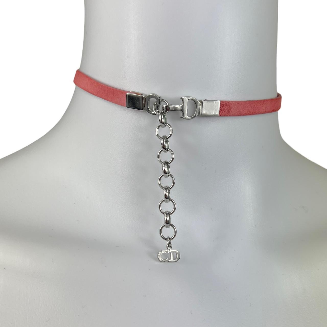 Christian Dior Choker Necklace Pink Leather Silver DIOR