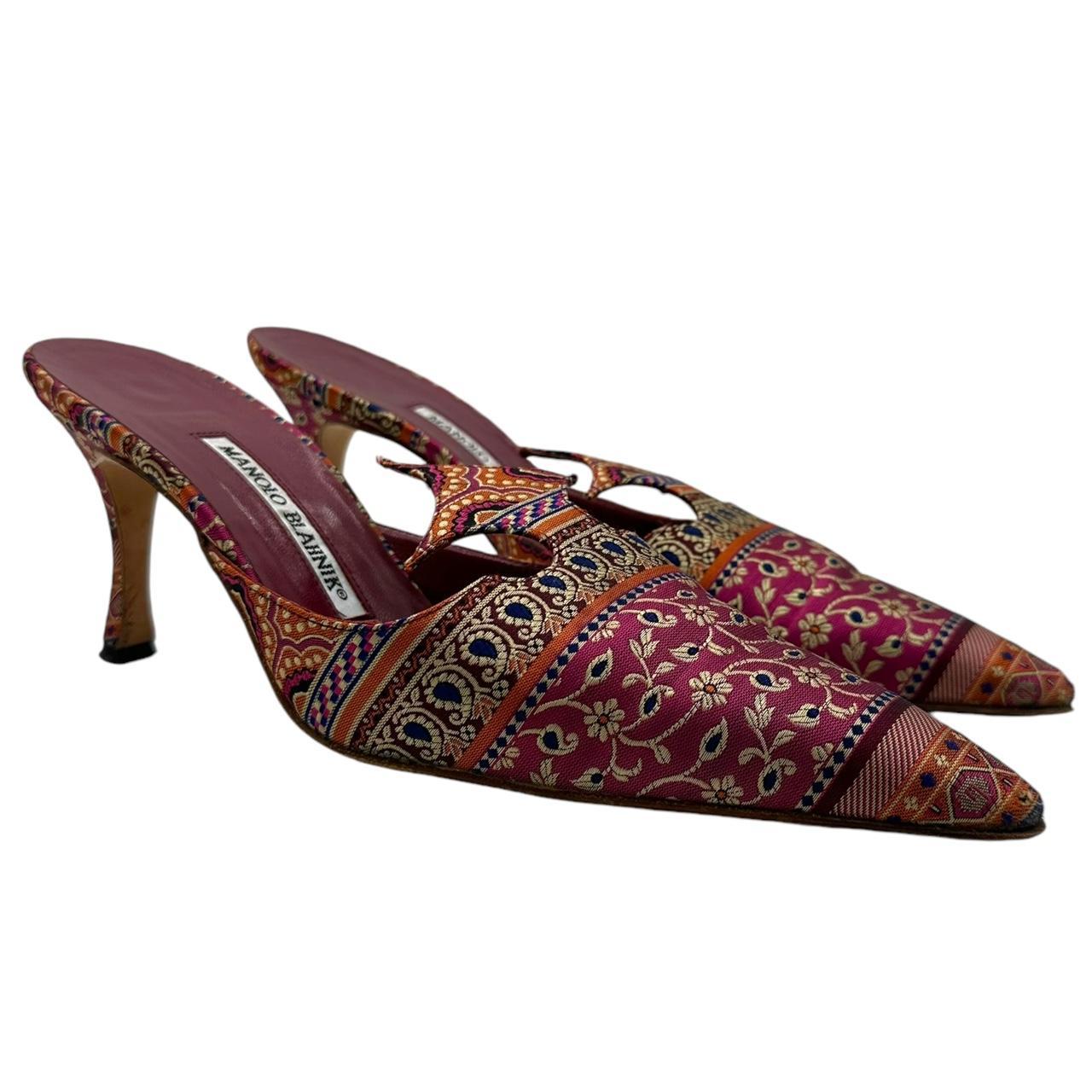 Manolo Blahnik Pink Silk Printed Mule Heels - Outfit Repeater