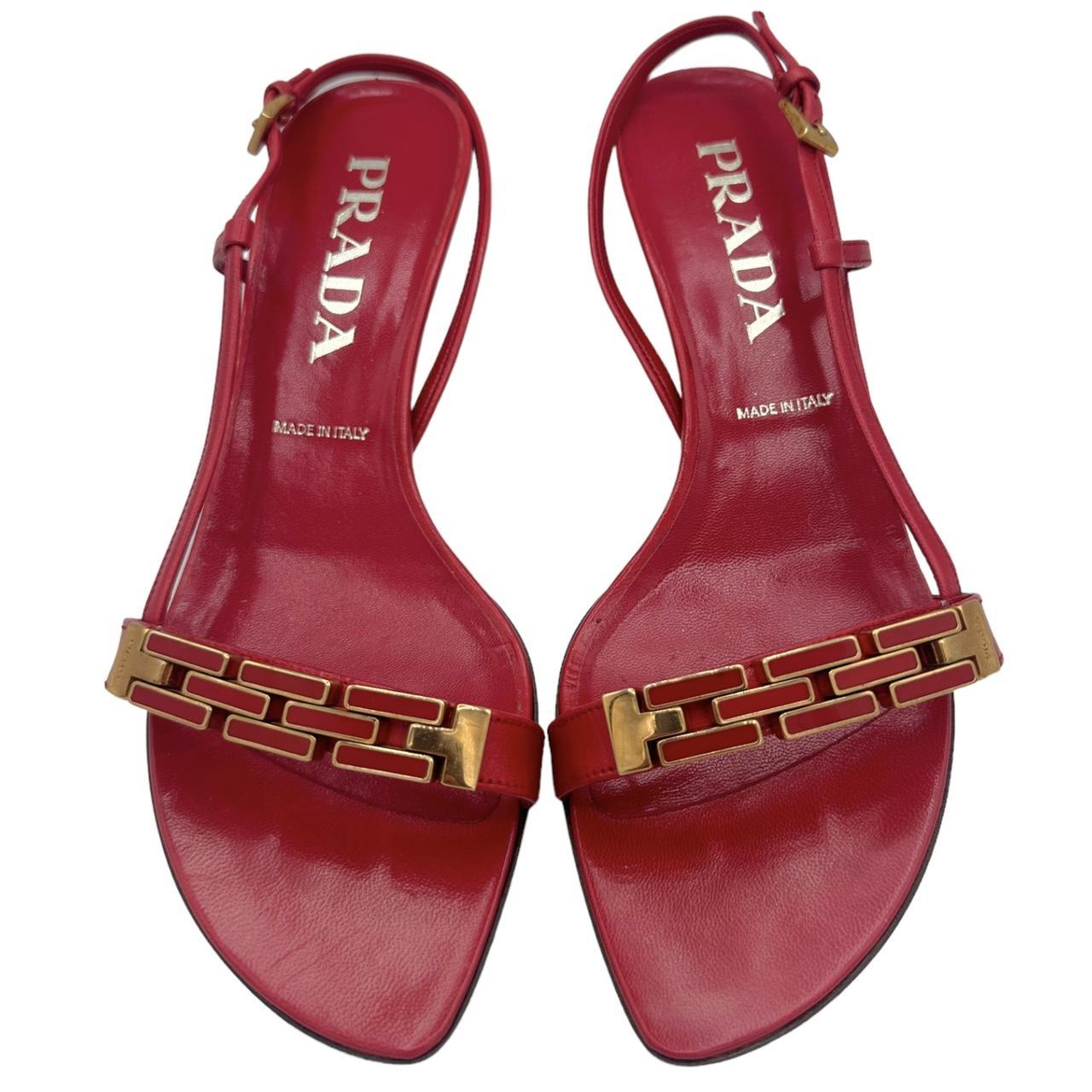 Prada Red Gold Kitten Heel Sandals Open-Toe Leather