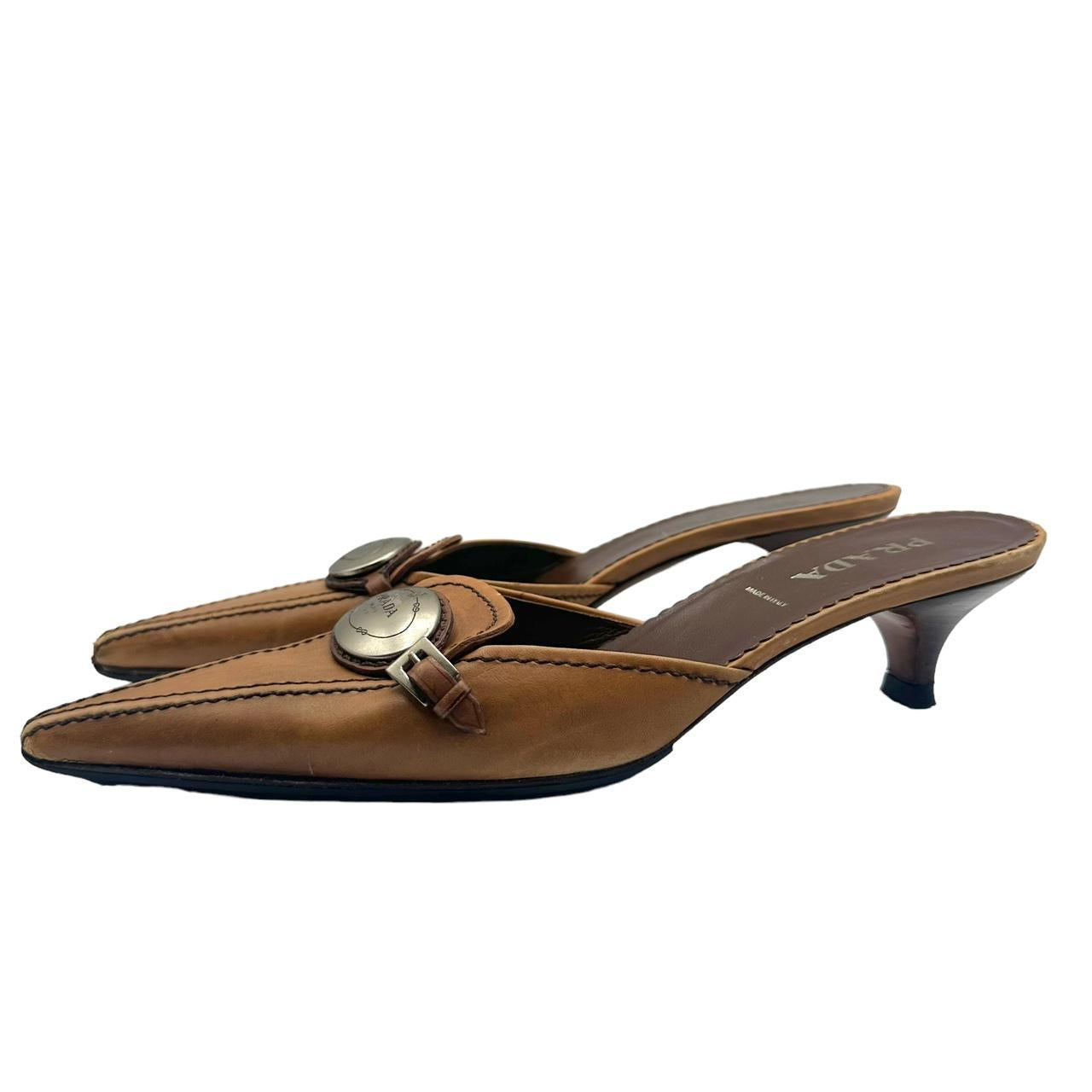 Prada Brown Leather Kitten Heel Mules with Logo Plate