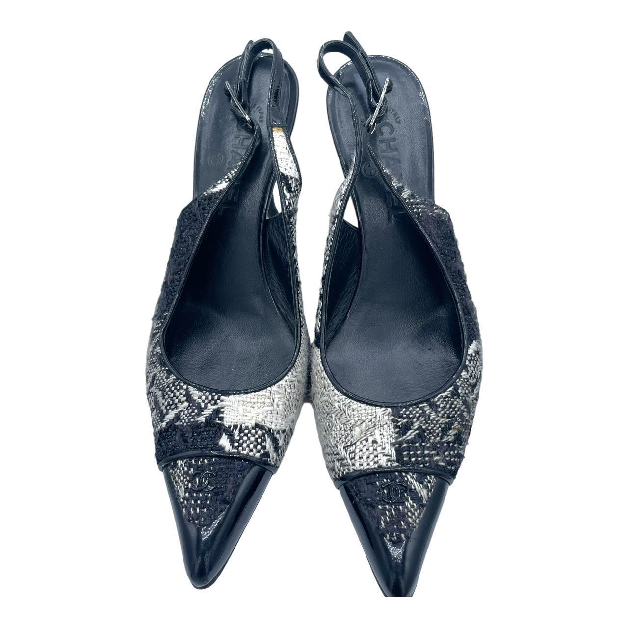 Chanel Slingback Heels Black White Tweed Pointed Toe