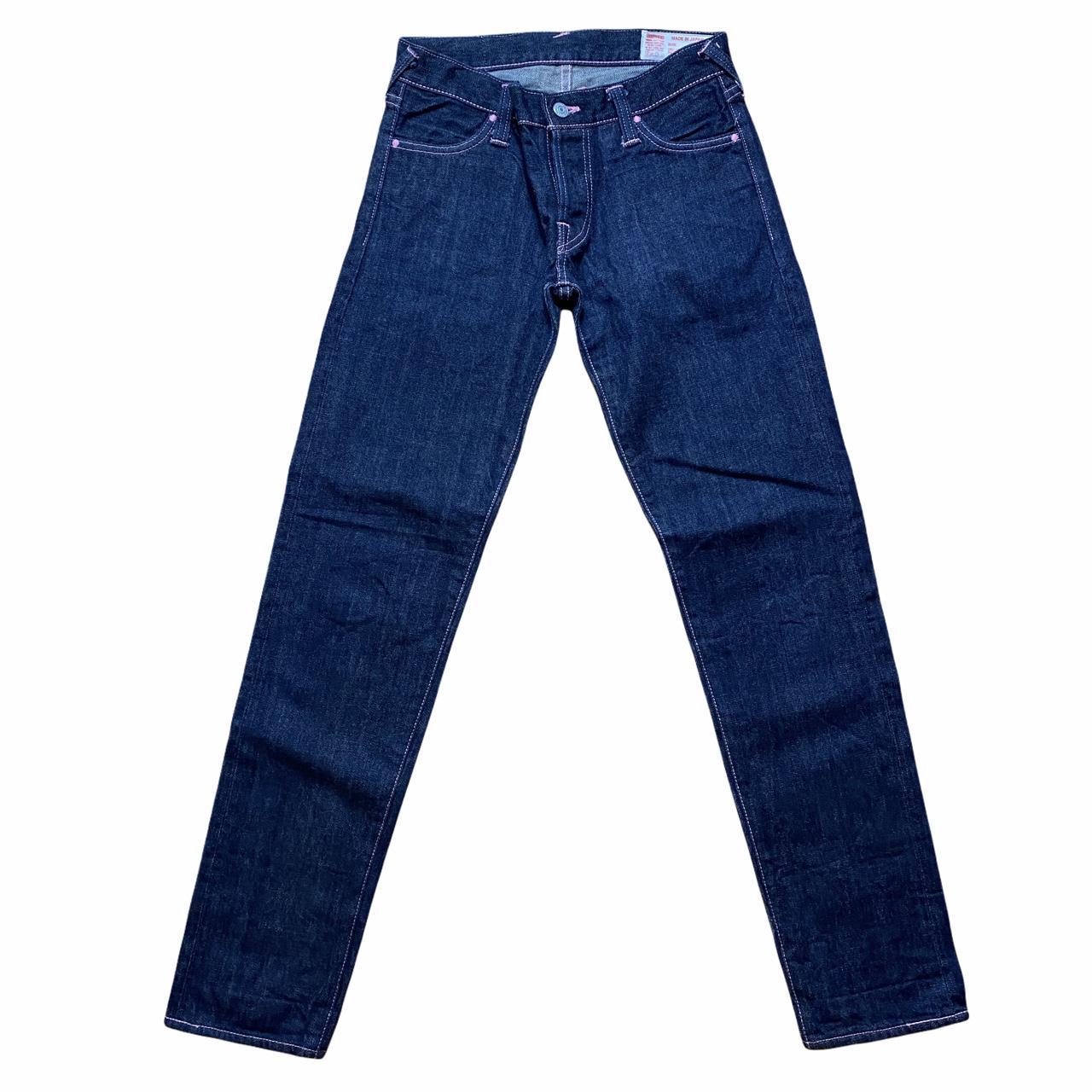 Evisu Low Rise Straight Leg Dark Wash Denim Jeans with Pink Stitching - Outfit Repeater