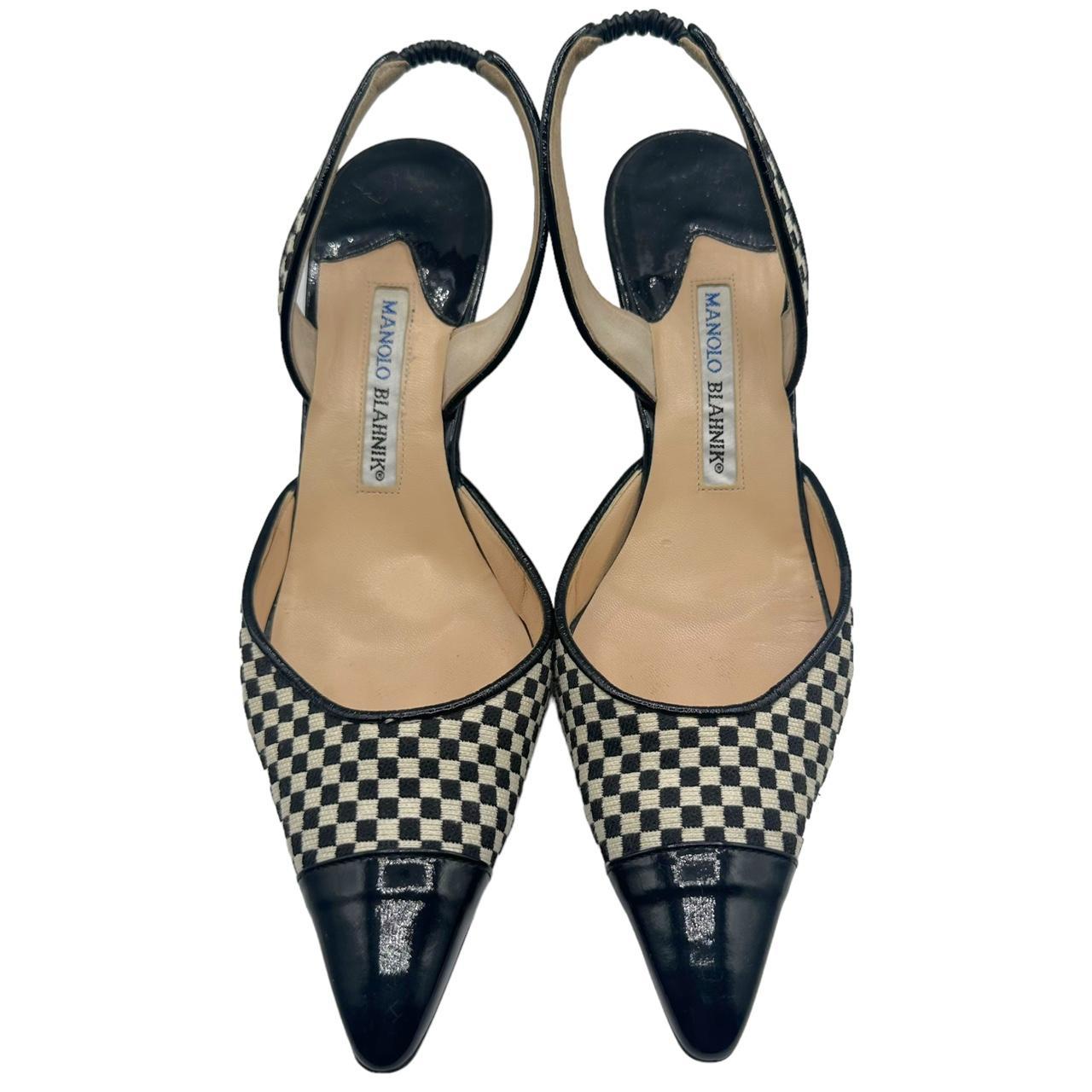 Manolo Blahnik Black White Checkered Slingback Heels