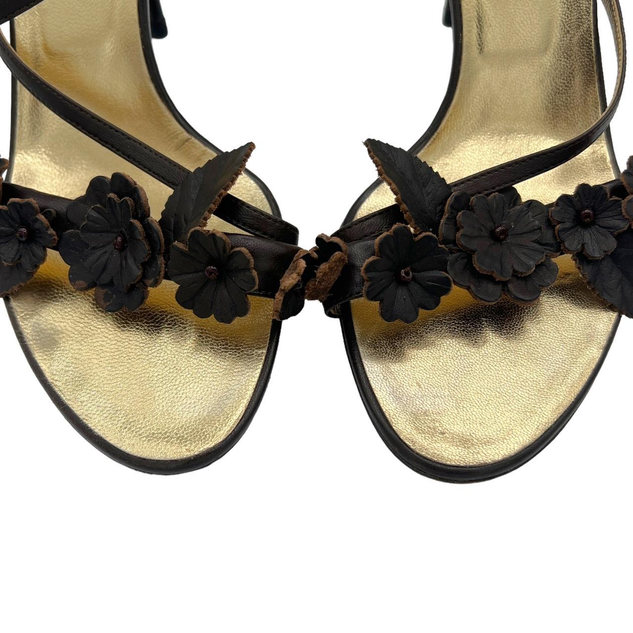 Dolce & Gabbana Brown Leather Floral Appliqué Sandal Heels