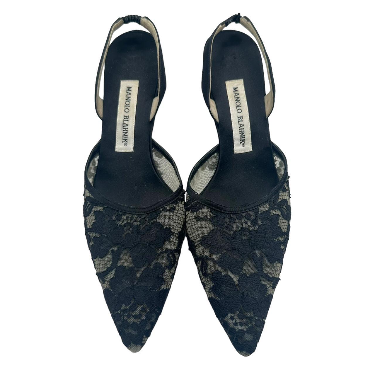 Manolo Blahnik Lace Slingback Heels Black Pointe Toe