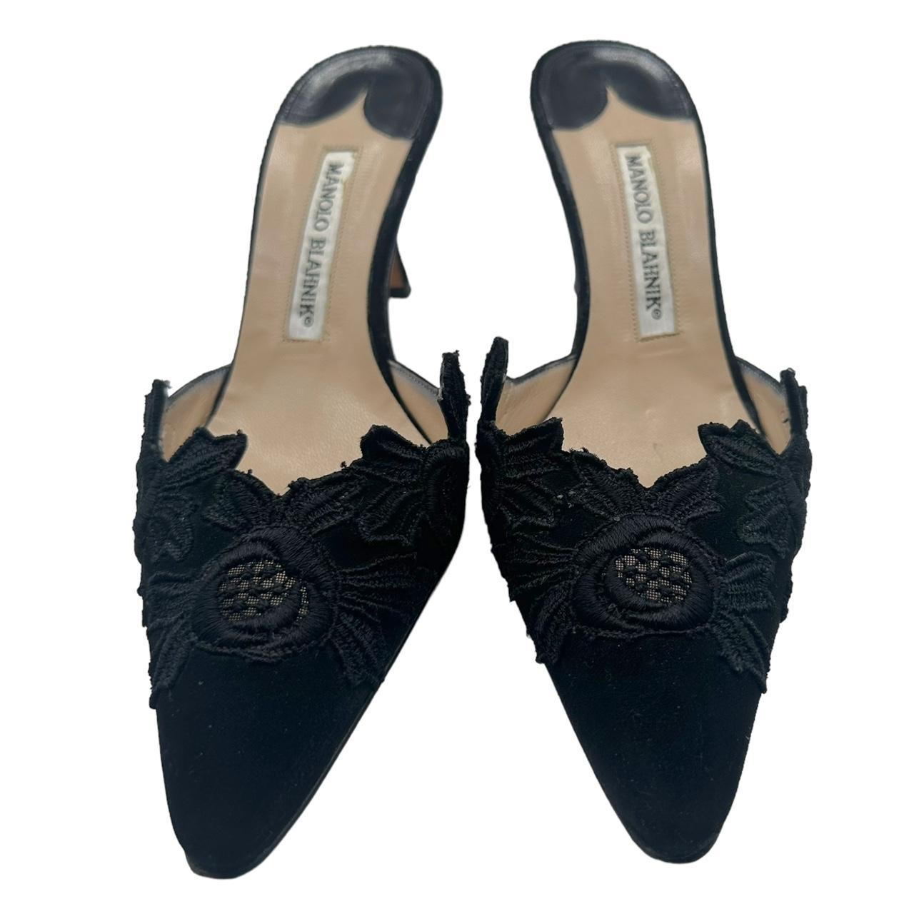 Manolo Blahnik Black Lace Trim Pointed Toe Heeled Mules