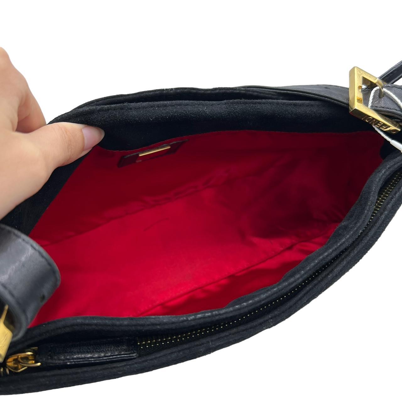 Fendi Black Suede Red Glitter Baguette Shoulder Bag