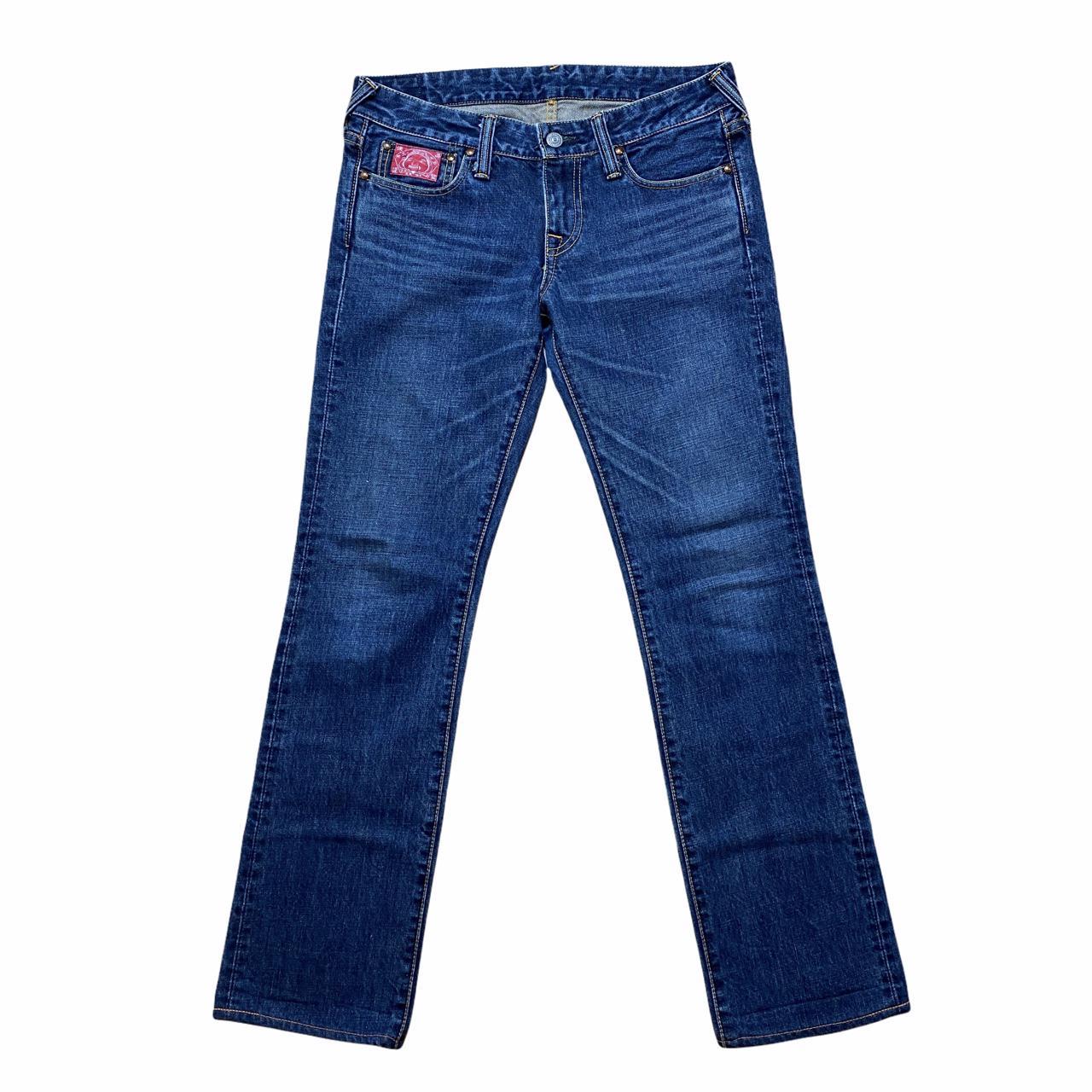 Evisu Low Waisted Straight Leg Dark Wash Denim Jeans with Pink Pocket Logo Stitching - Outfit Repeater