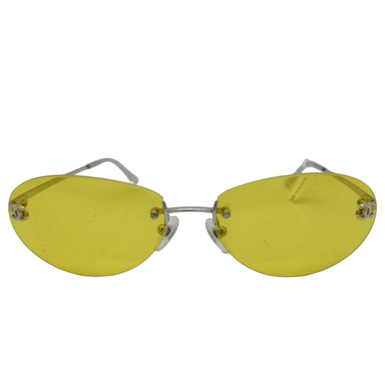 Chanel Rimless Sunglasses Yellow Tinted Lenses Silver Hardware