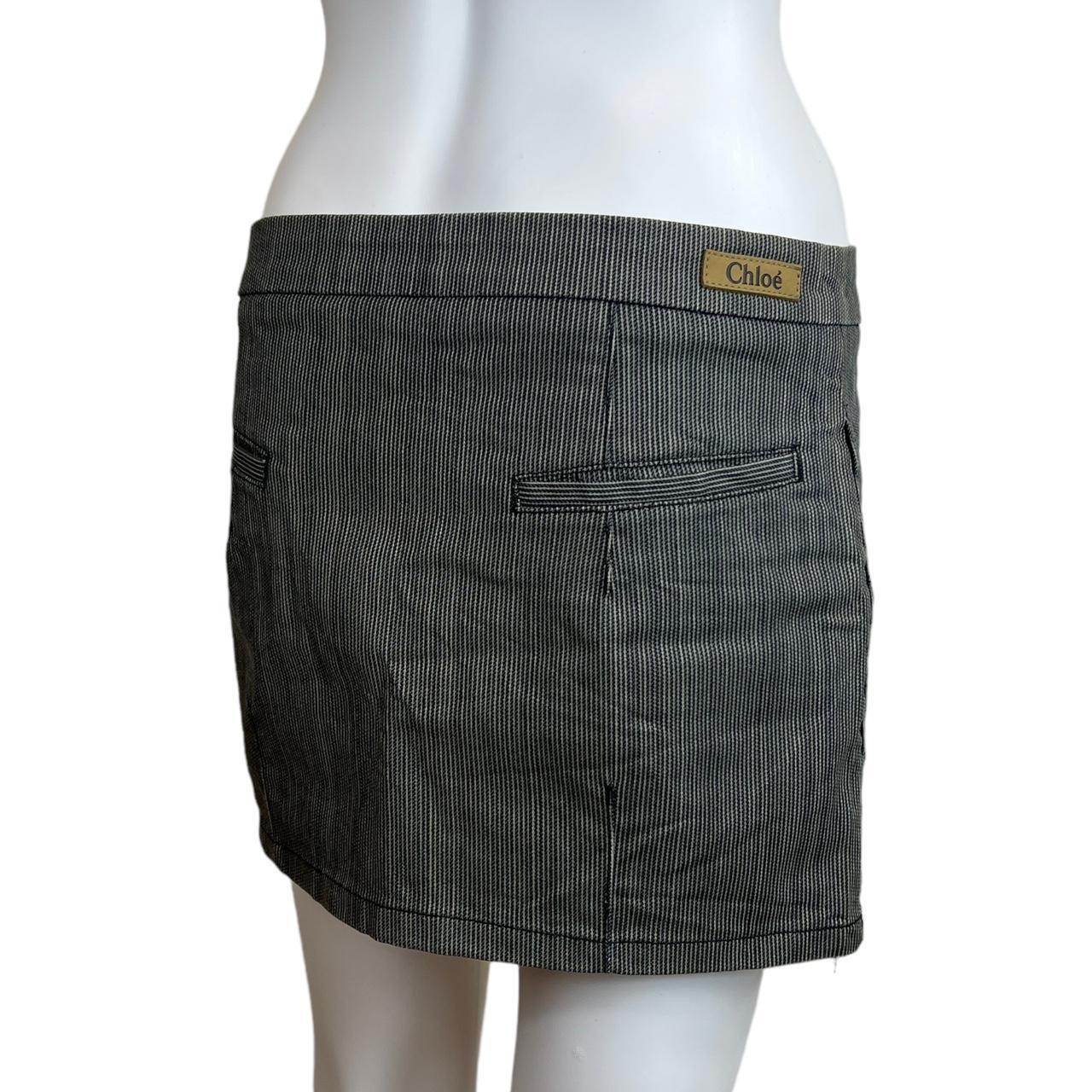 Chloé Autumn 2007 Navy and White Pinstriped Mini Skirt with Leather Logo Patch - Outfit Repeater