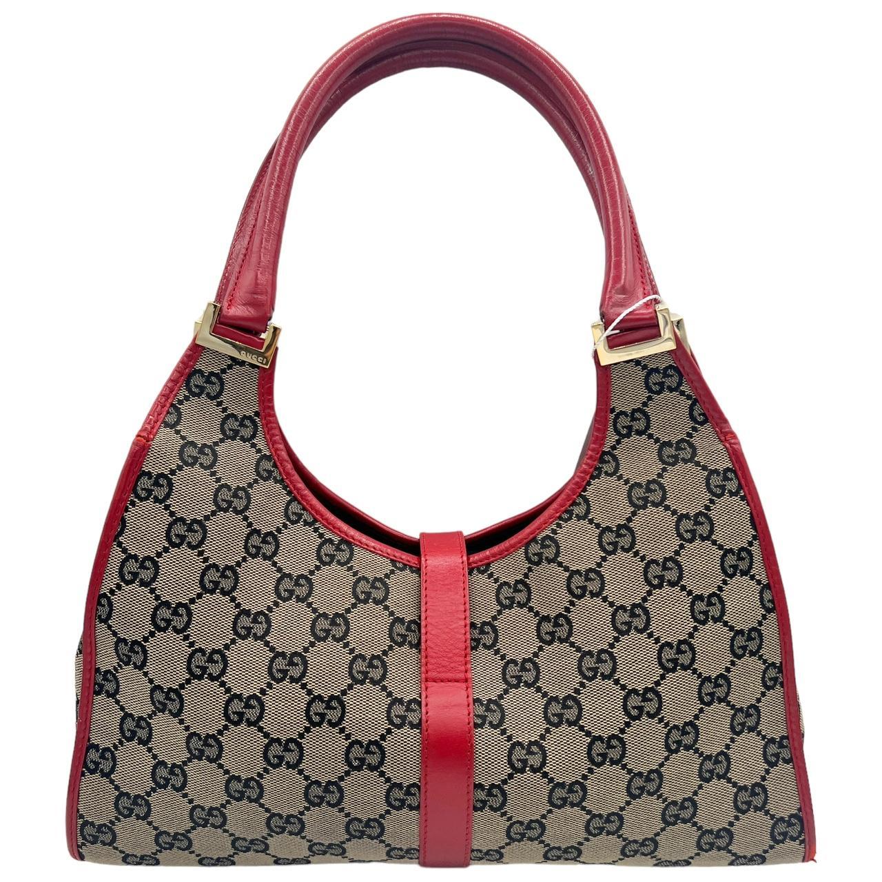 Gucci Red Leather Gray Monogram Jackie Shoulder Bag