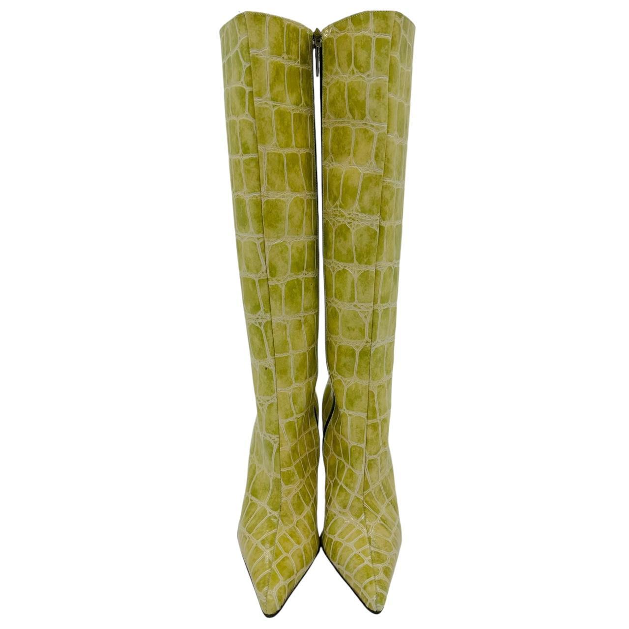 Dolce & Gabbana Green Croc Embossed Heeled Knee-High Boots