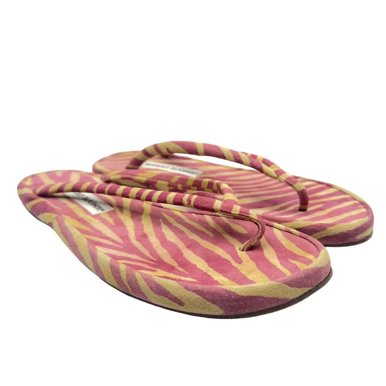 Manolo Blahnik Pink and Yellow Zebra Print Suede Flip Flop Sandals