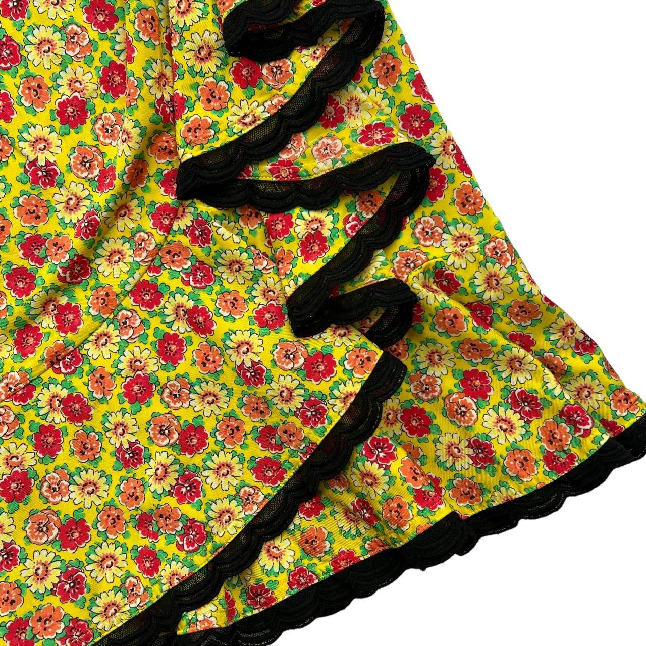 Blumarine Yellow Floral Printed Midi Skirt with Ruffle Hem and Black Lace - Outfit Repeater