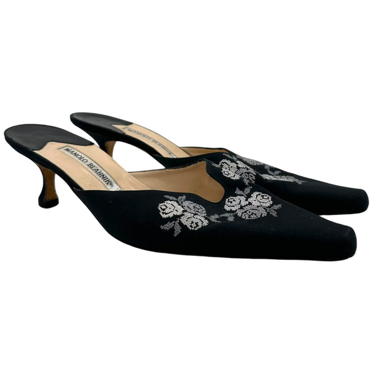 Manolo Blahnik Black Cross-Stitch Embroidered Kitten Heels - Outfit Repeater