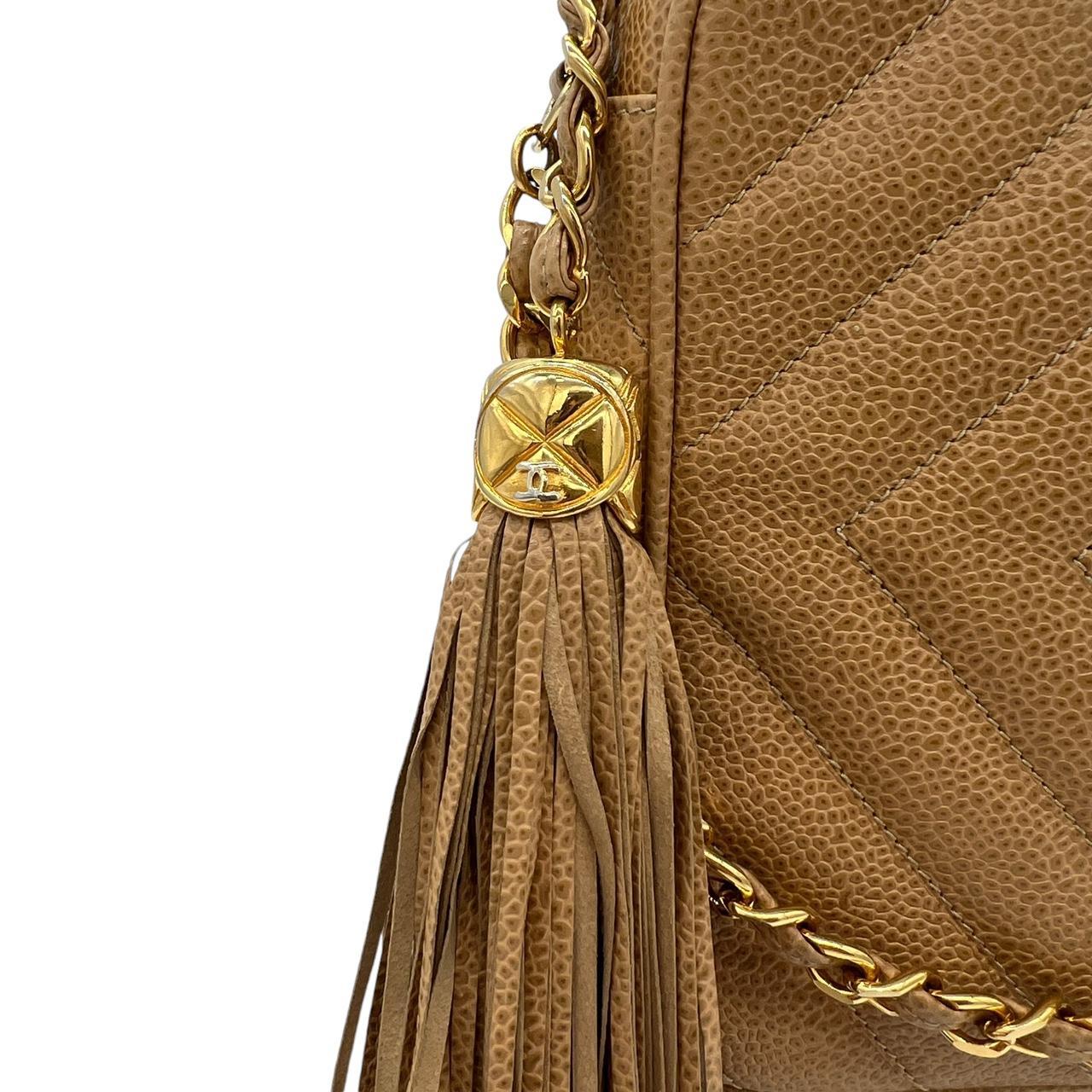 Chanel Tan Caviar Leather Diamond Quilted Camera Crossbody Bag