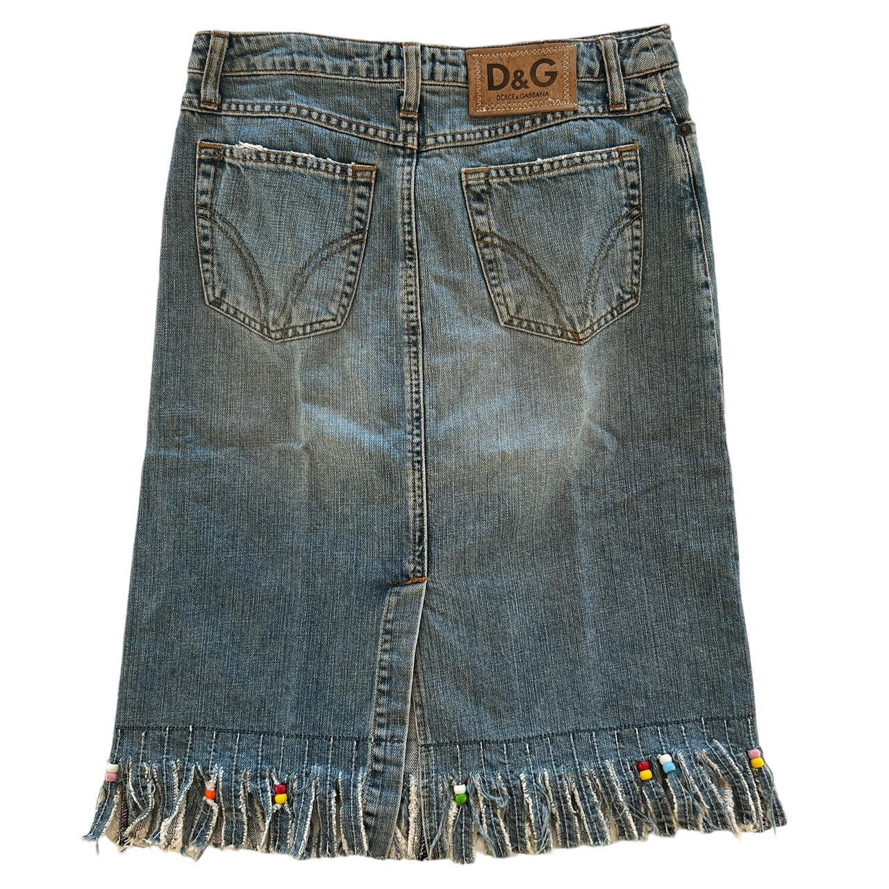 Dolce & Gabbana Blue Denim Midi Skirt with Beaded Frayed Hem