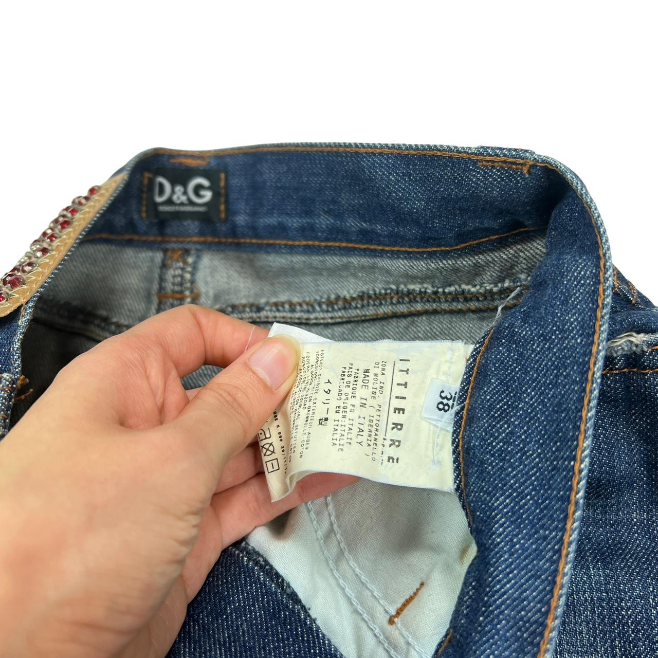 Dolce & Gabbana Faded Denim Midi Skirt with Red Rhinestone Logo Patch - Outfit Repeater