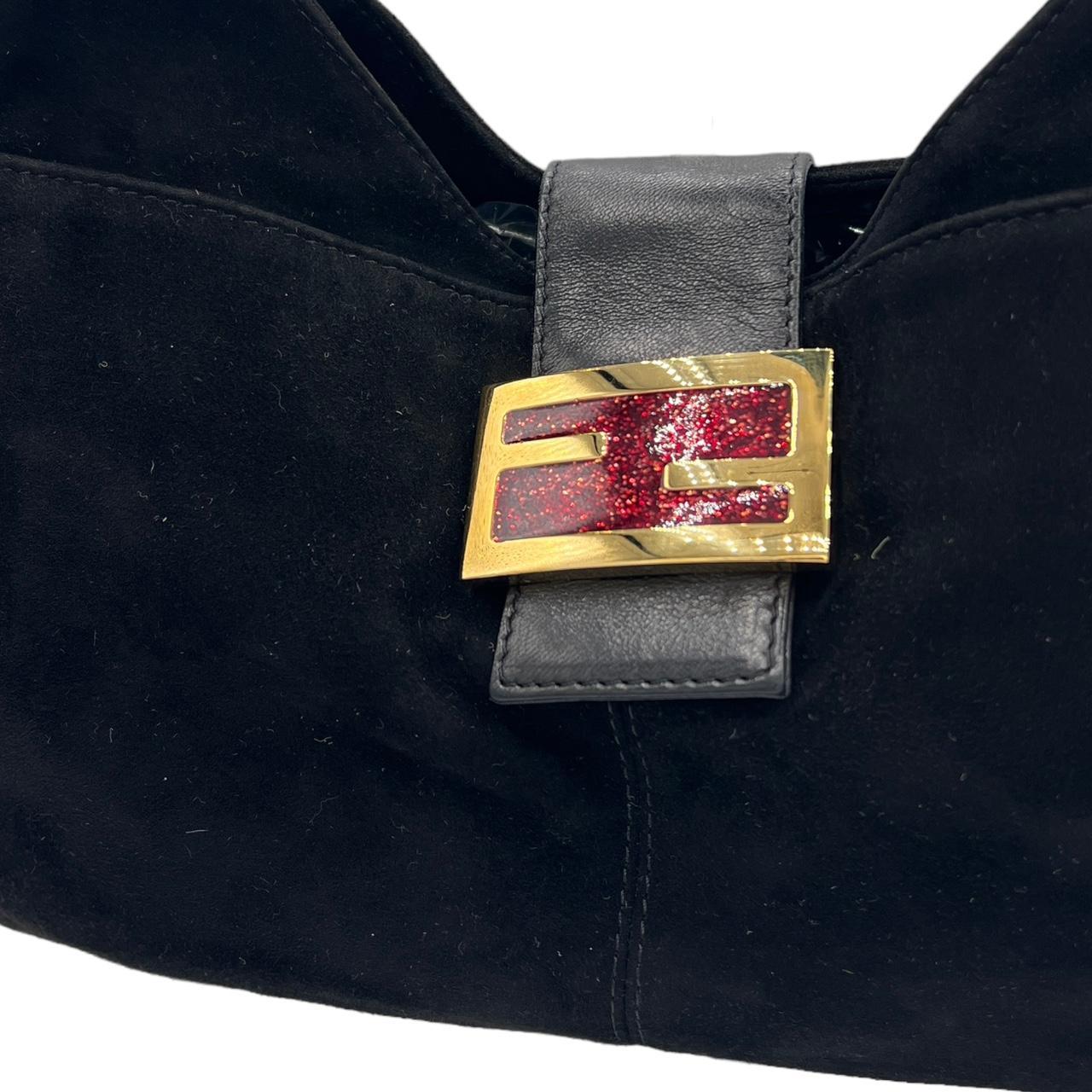 Fendi Black Suede Baguette Shoulder Bag Gold Red Hardware