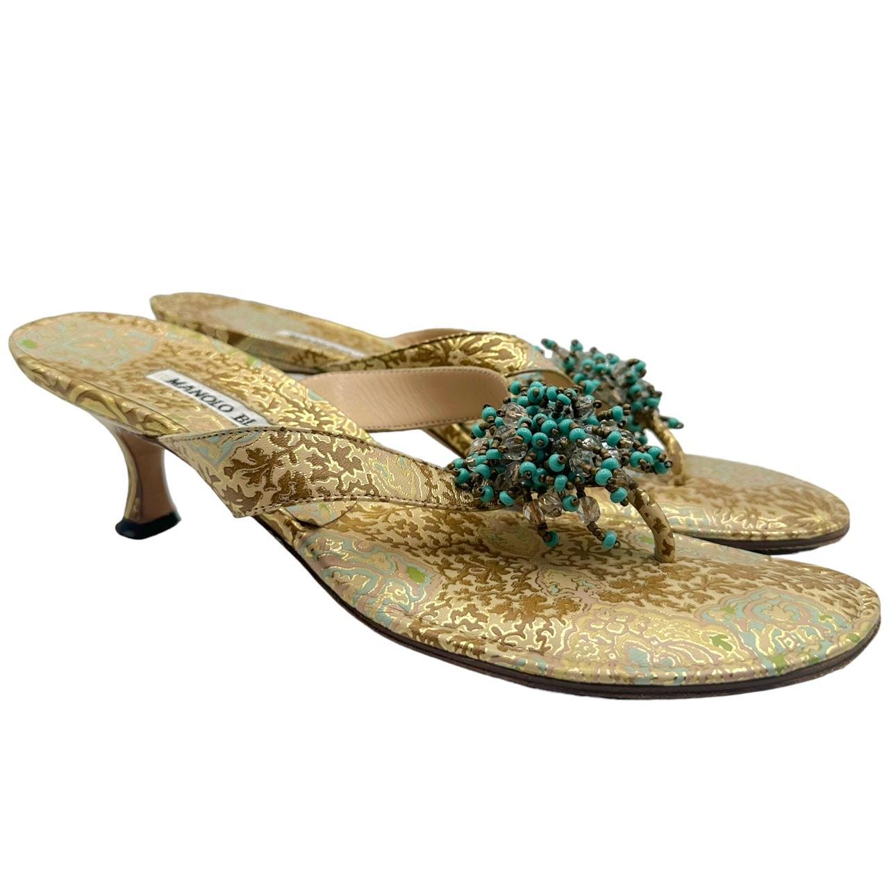 Manolo Blahnik Gold Printed Kitten Heel Flip Flops
