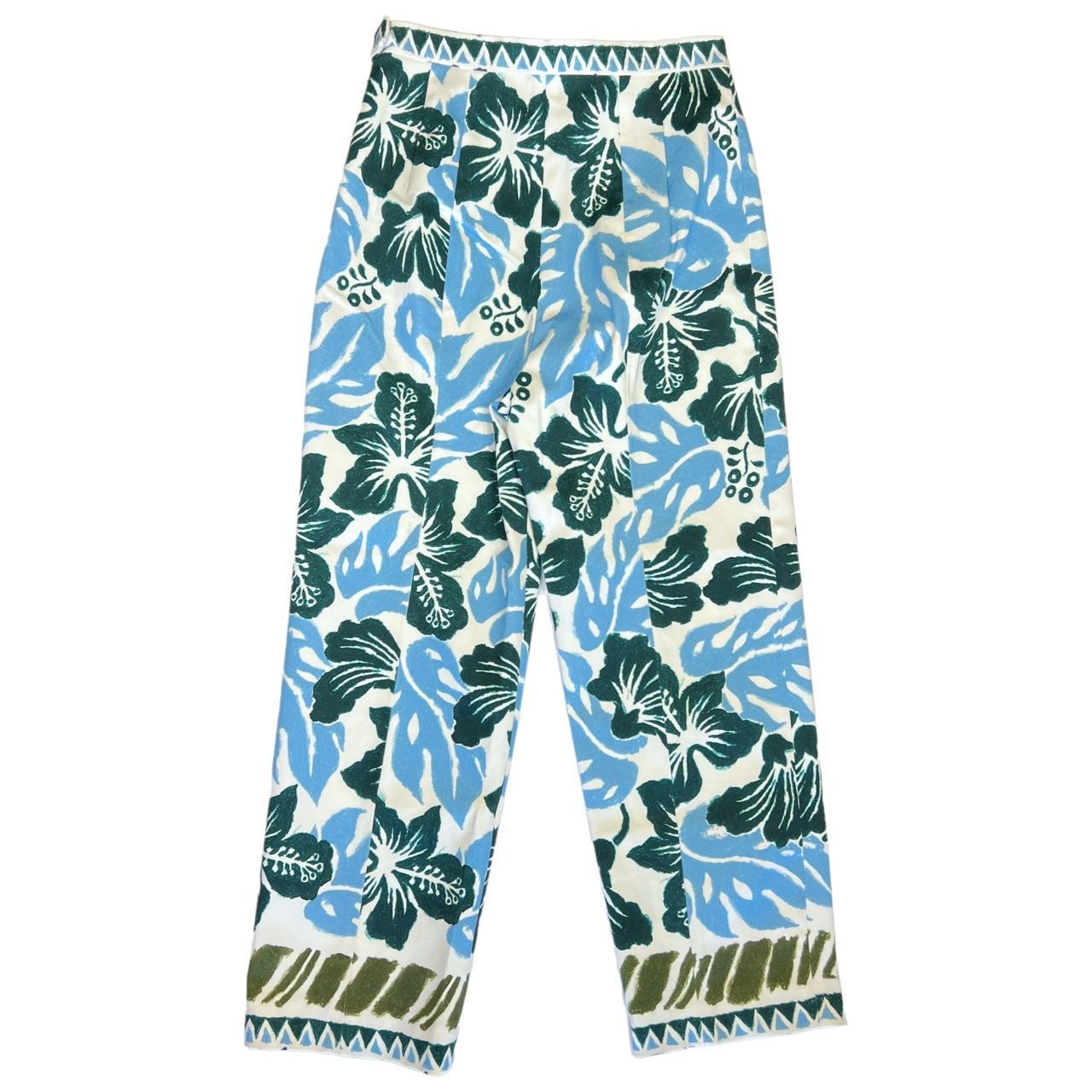 Prada Spring 2014 Green and Blue Tropical Inspired Hibiscus Printed Pants - Outfit Repeater