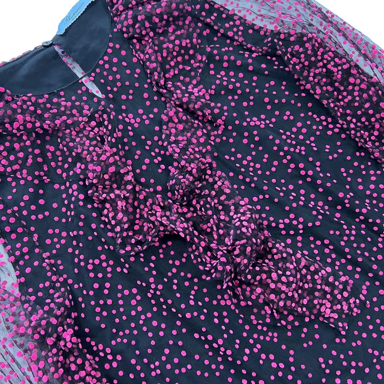 Blumarine Black Sheer Mesh Blouse with Pink Polkadots and Ruffle Neckline