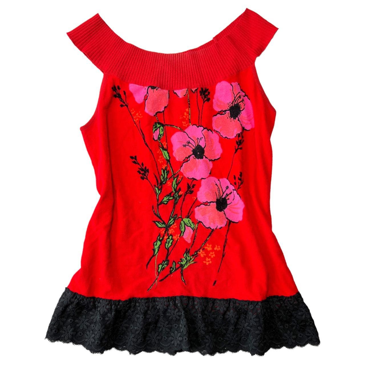 Blumarine Red Floral Patterned Knit Cardigan and Off The Shoulder Tank Set - Outfit Repeater