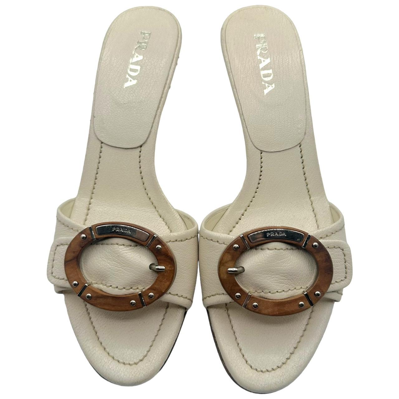 Prada White Leather Kitten Heel Sandals