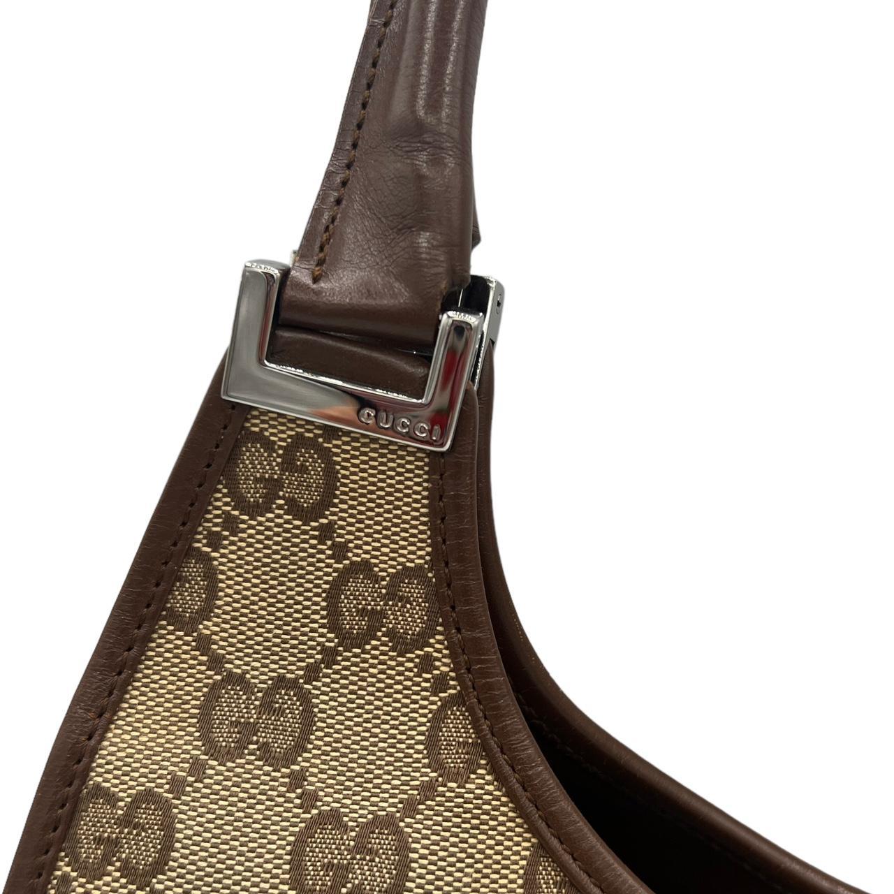 Gucci Brown Leather Tan Monogram Canvas Shoulder Bag