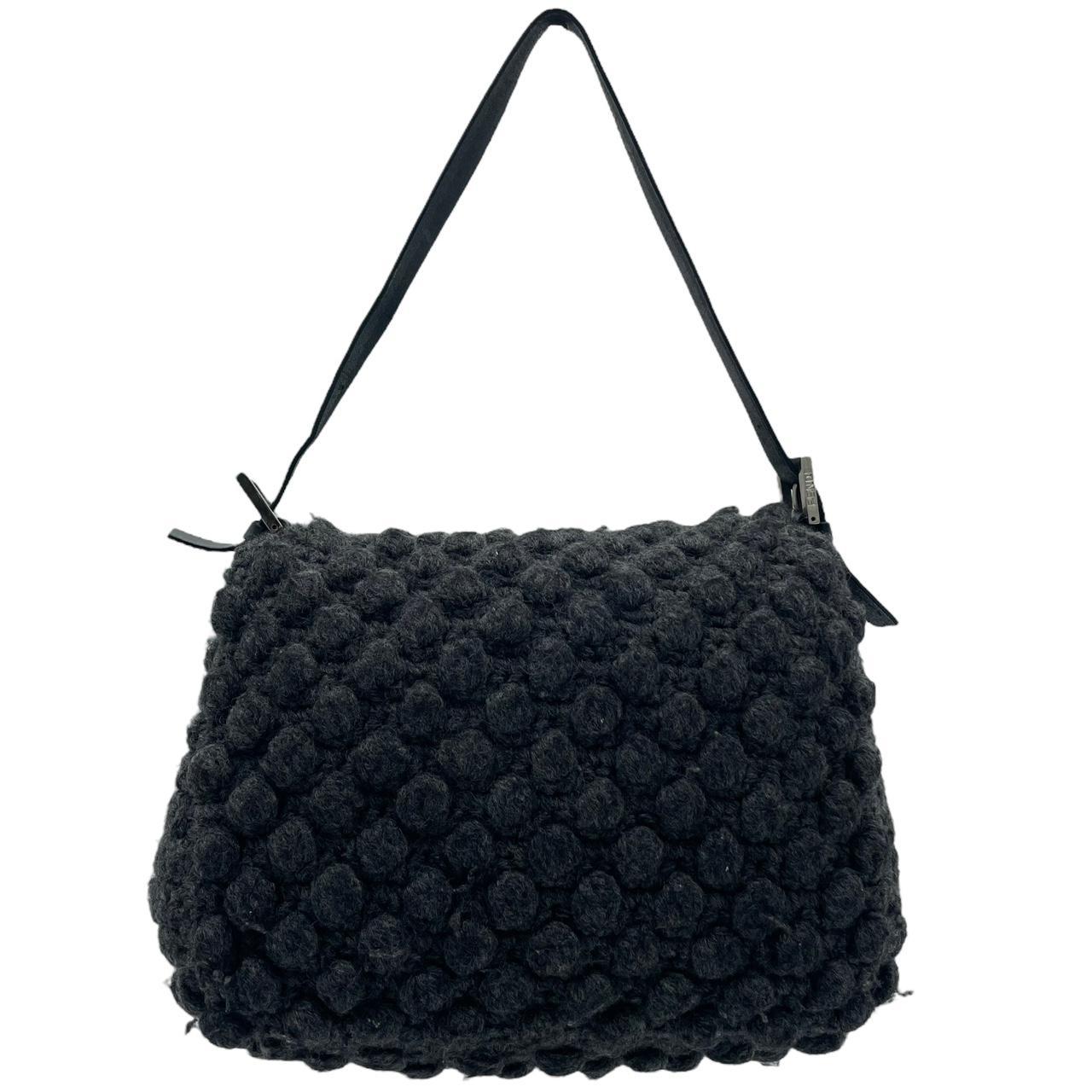 Fendi Crochet Knit Wool Shoulder Bag Gray