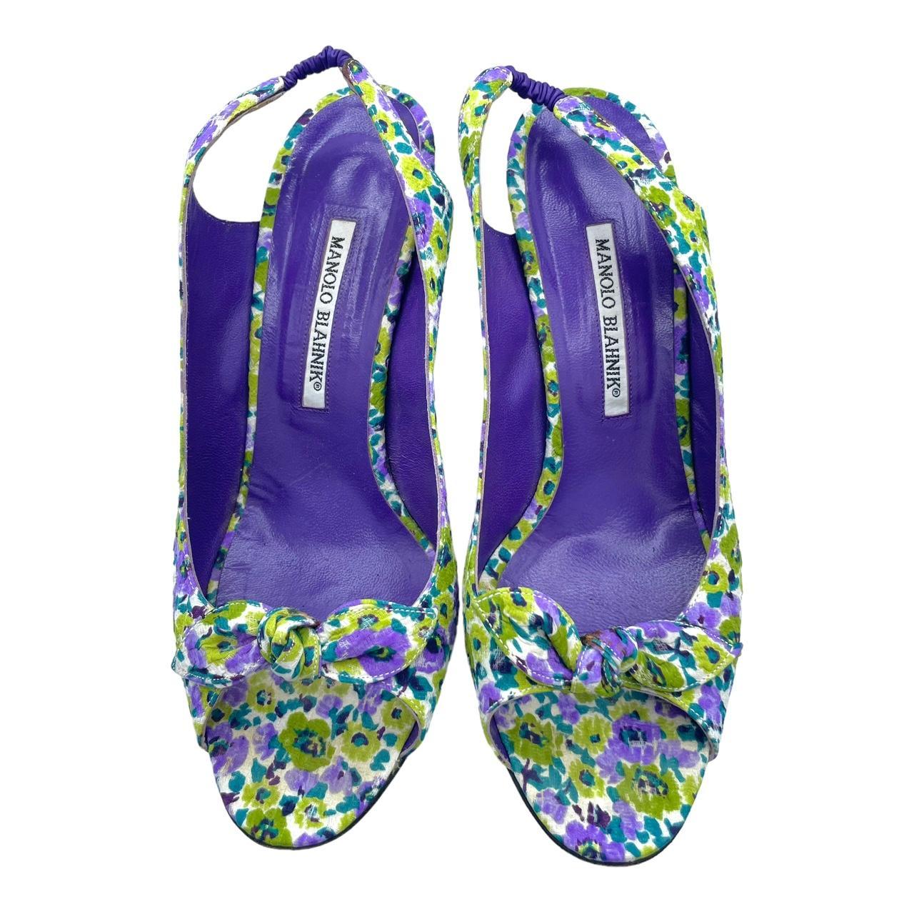 Manolo Blahnik Purple & Green Floral Slingback Heels - Outfit Repeater