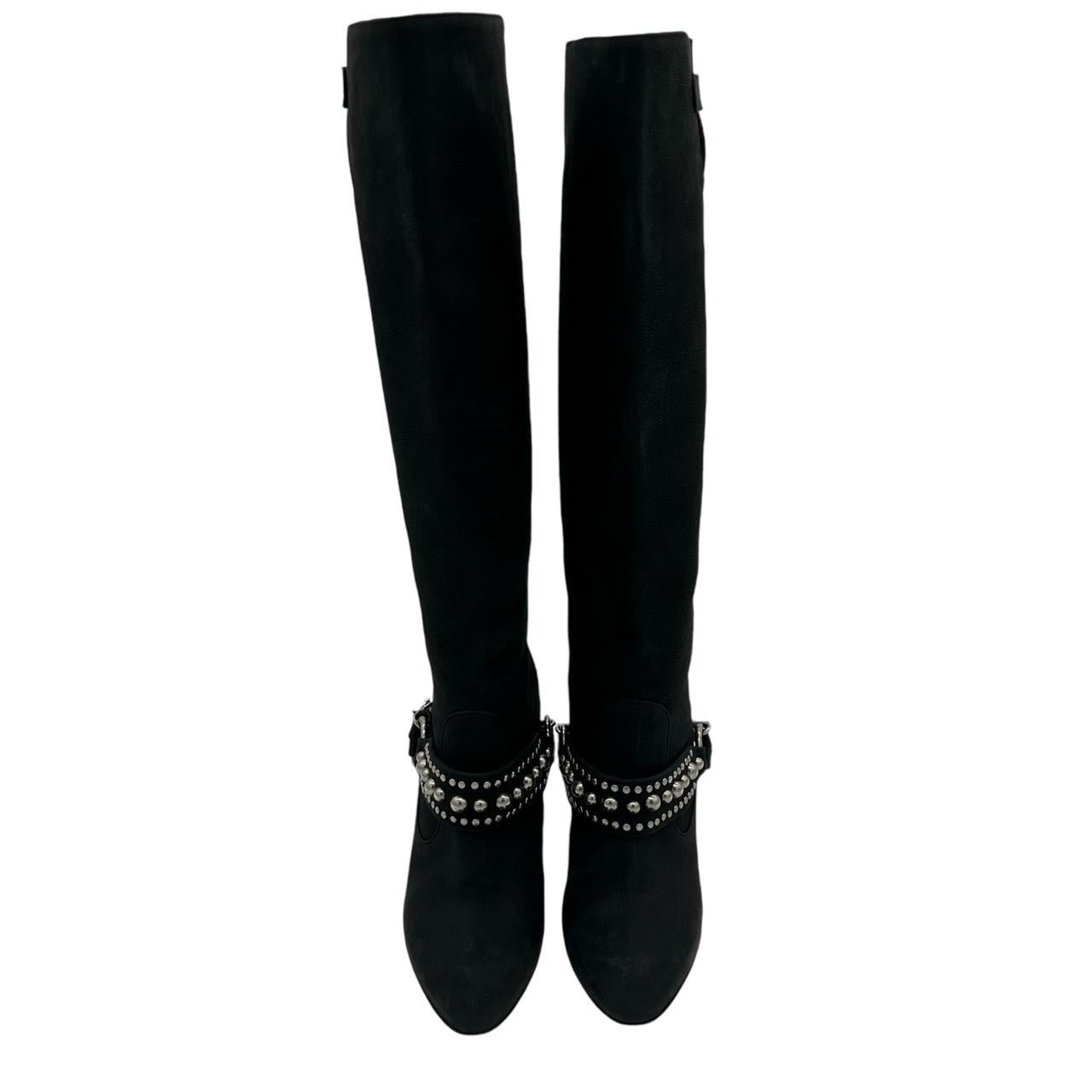 Manolo Blahnik Black Suede Chain Embellished Heeled Knee-High Boots - Outfit Repeater