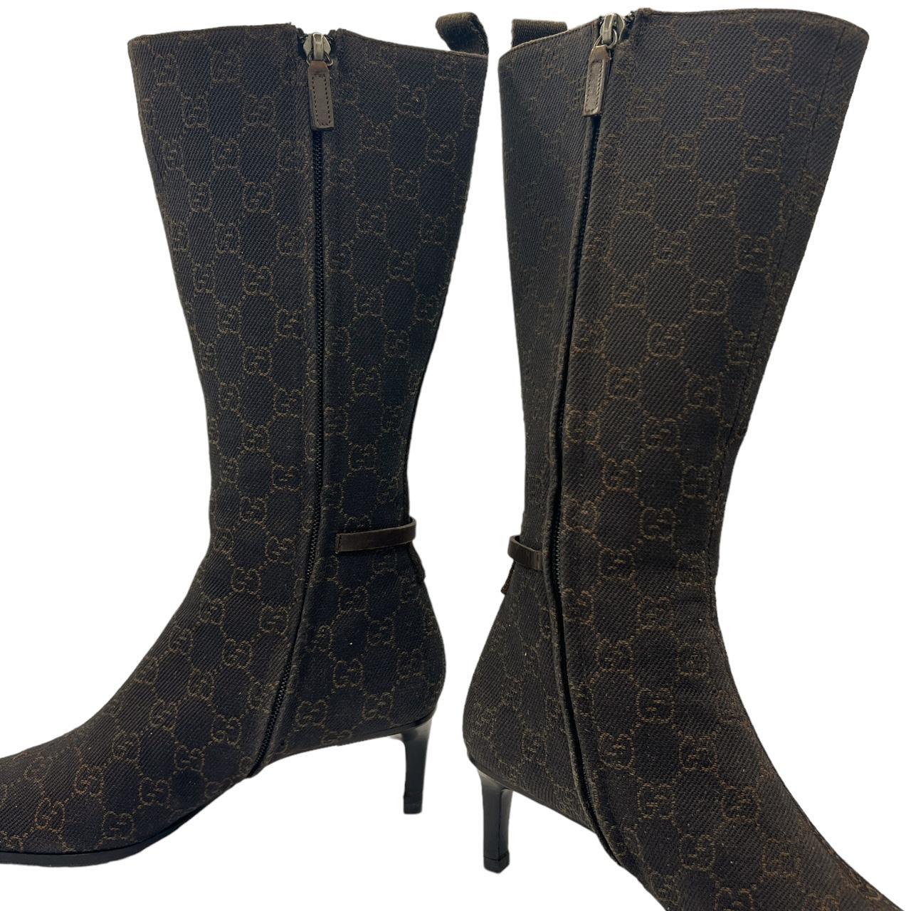 Gucci Knee High Pointed Toe Boots Brown Monogram