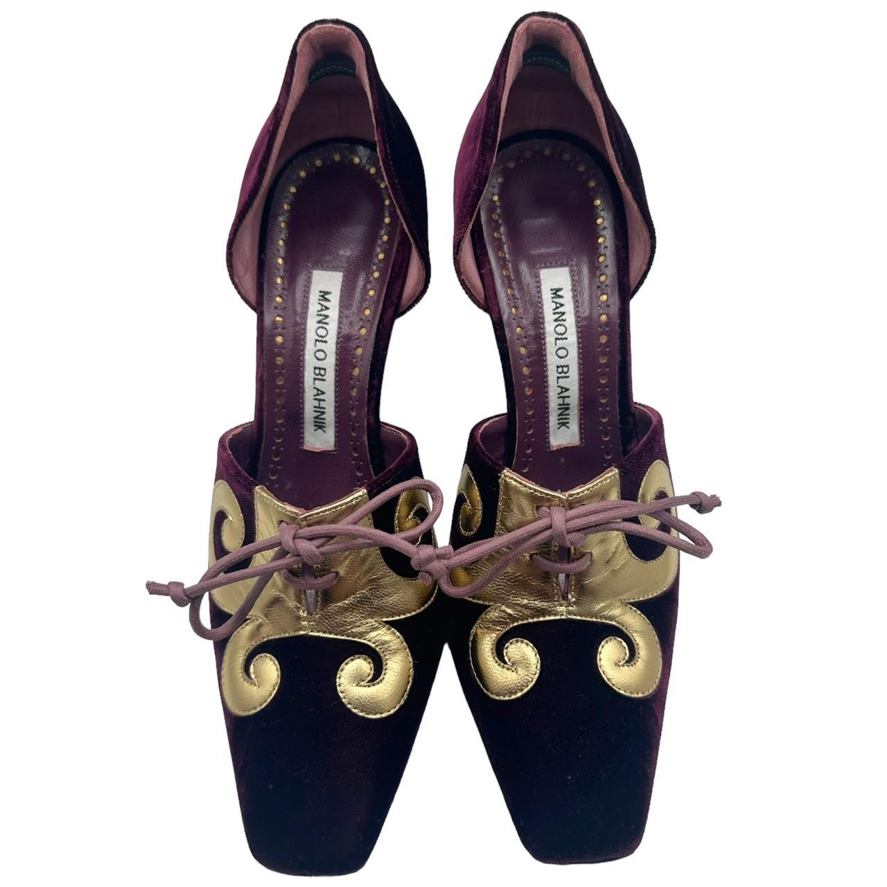 Manolo Blahnik Purple Suede & Gold Leather Heels - Outfit Repeater