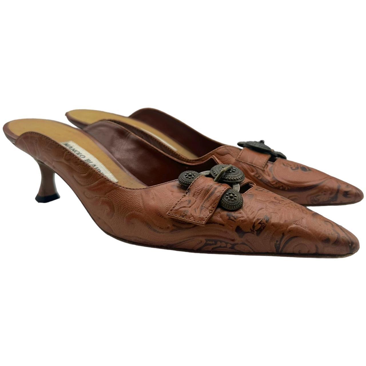 Manolo Blahnik Brown Embossed Leather Kitten Heel Mules