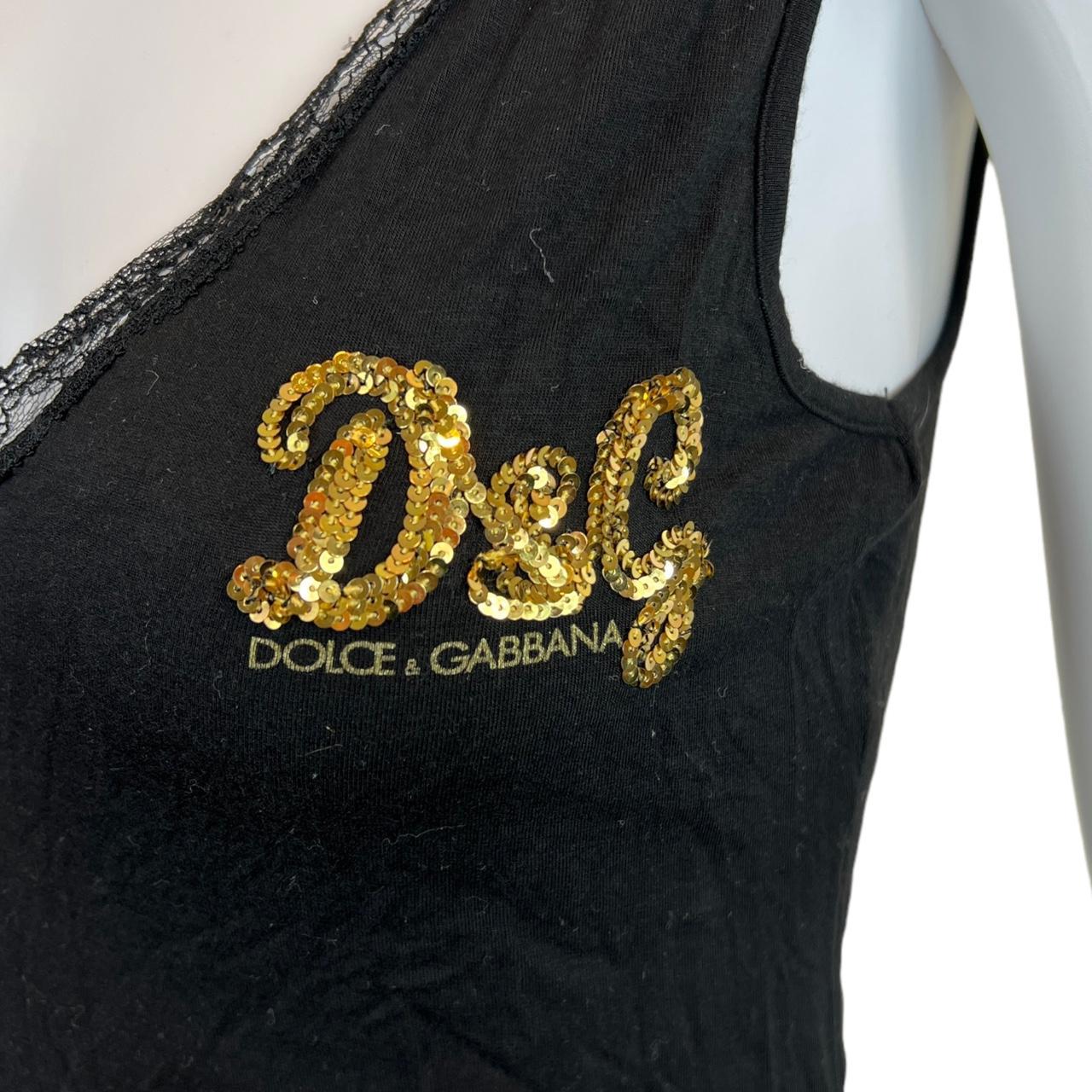 Dolce & Gabbana Black Lace Trimmed Tank Top with Gold Sequin Logo