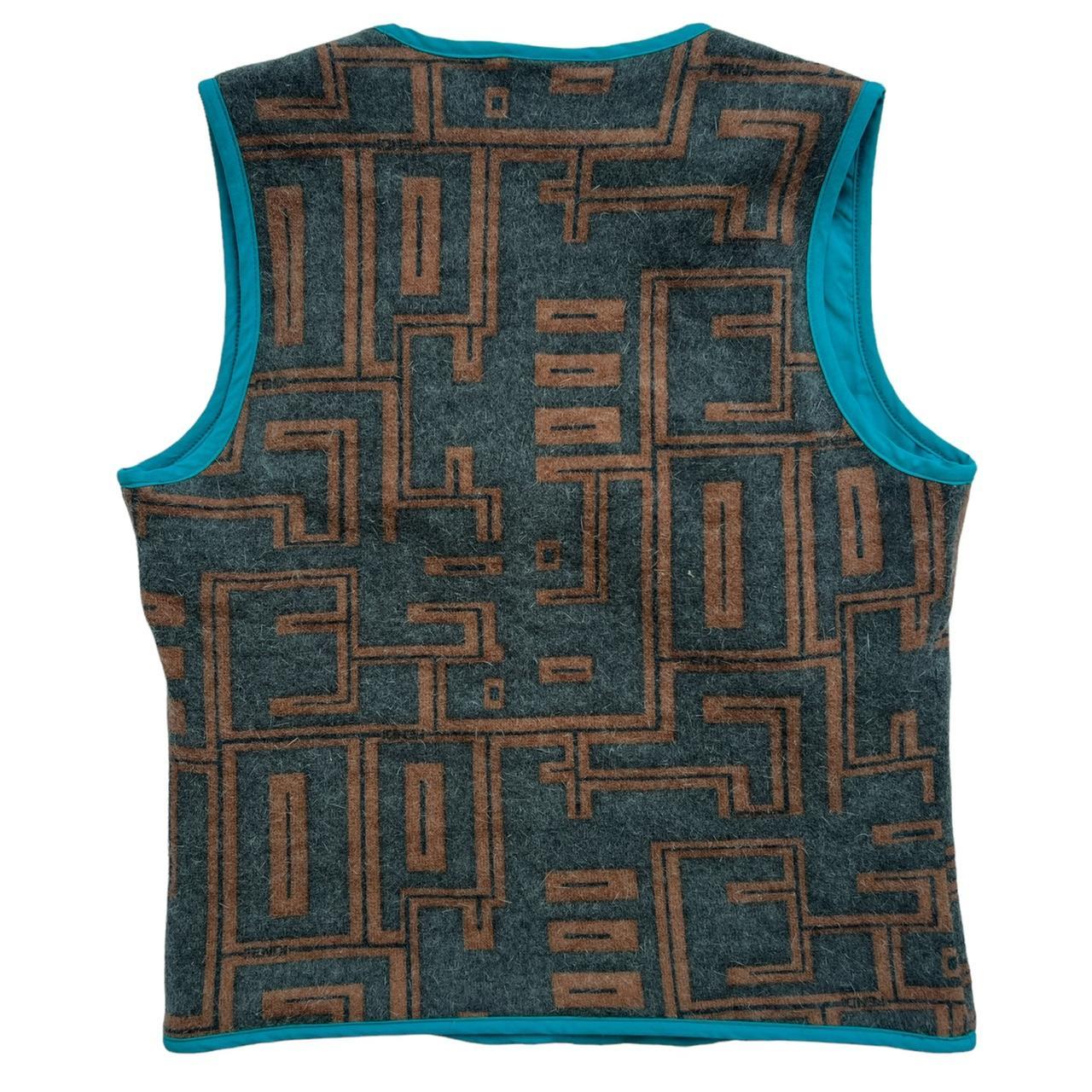 Fendi Jeans Logo Print Teal and Brown Lightweight Wool Sweater Vest