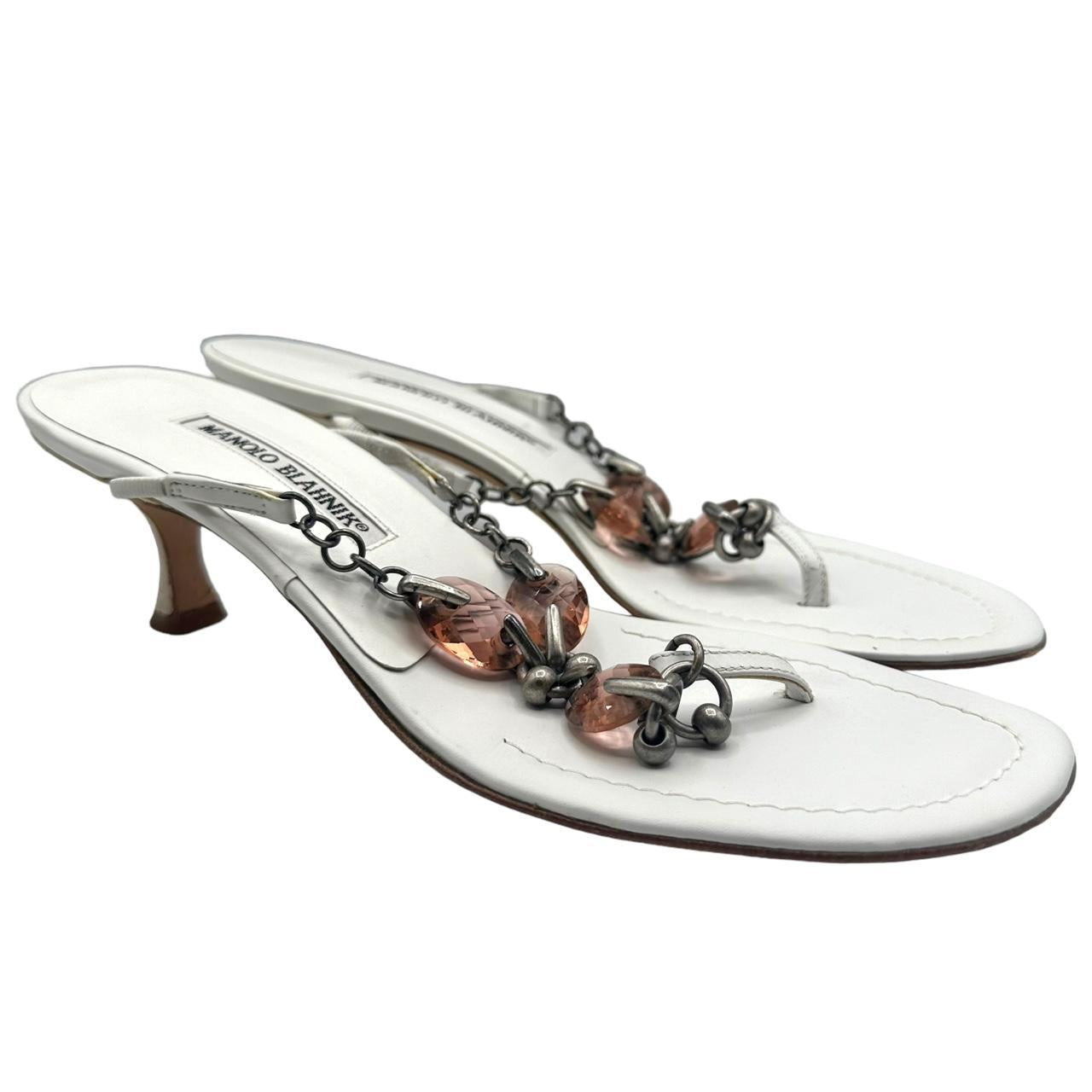 Manolo Blahnik White Leather Crystal Embellished Flip Flops