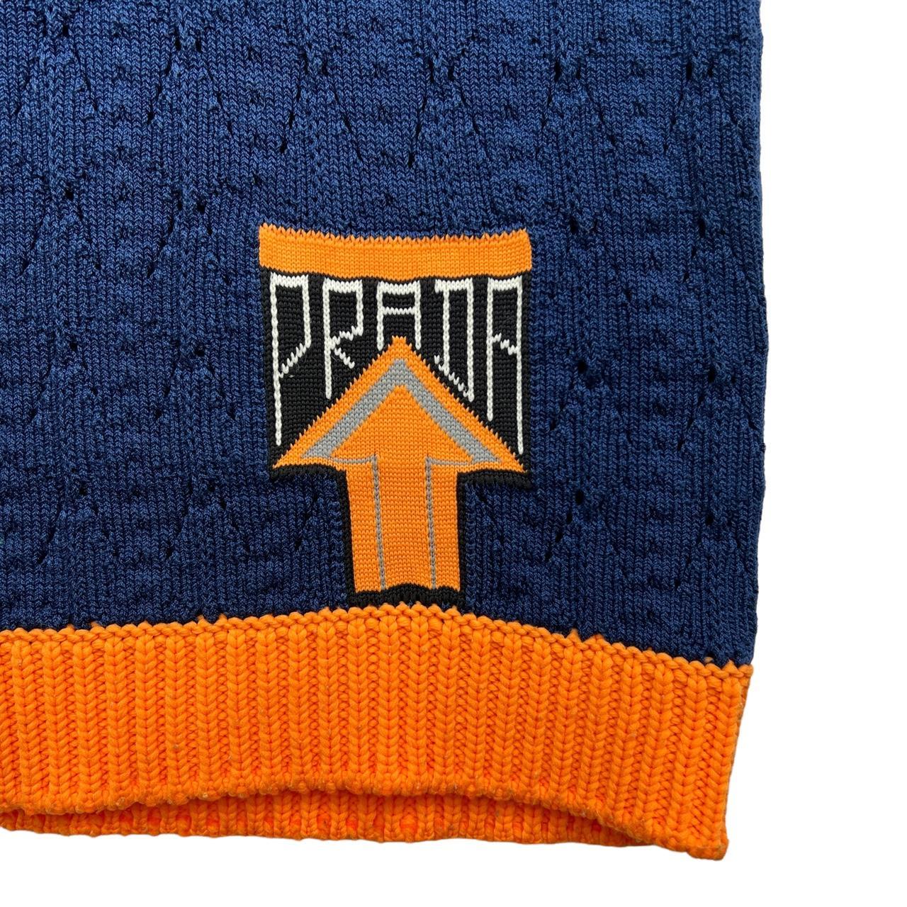 Prada F/W 2018 Orange and Blue Knit Short Sleeve Logo Sweater - Outfit Repeater