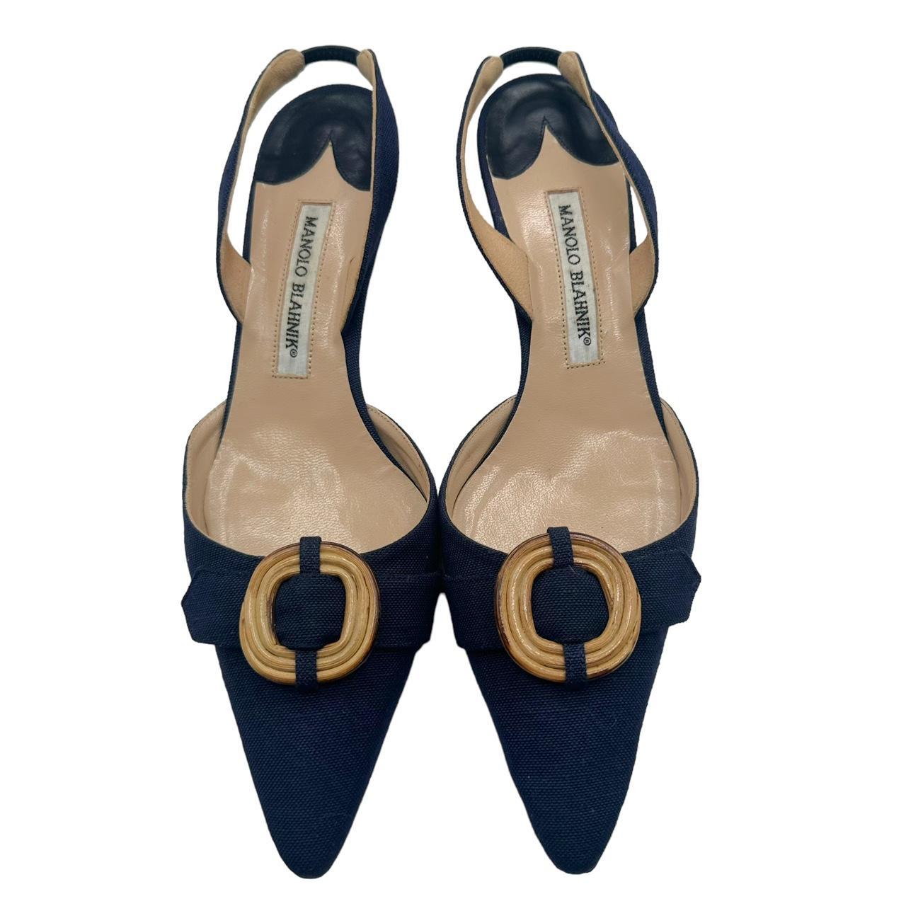 Manolo Blahnik Navy Blue Pointed Toe Slingback Heels