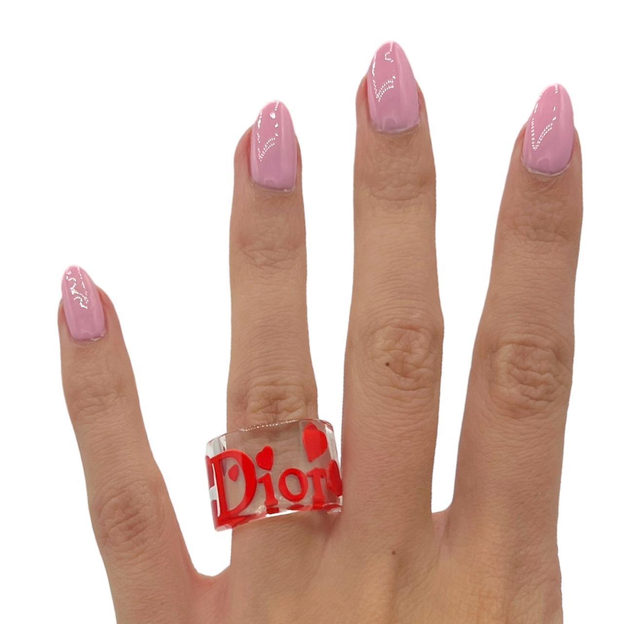 Christian Dior Transparent Logo Heart Ring Red Accents