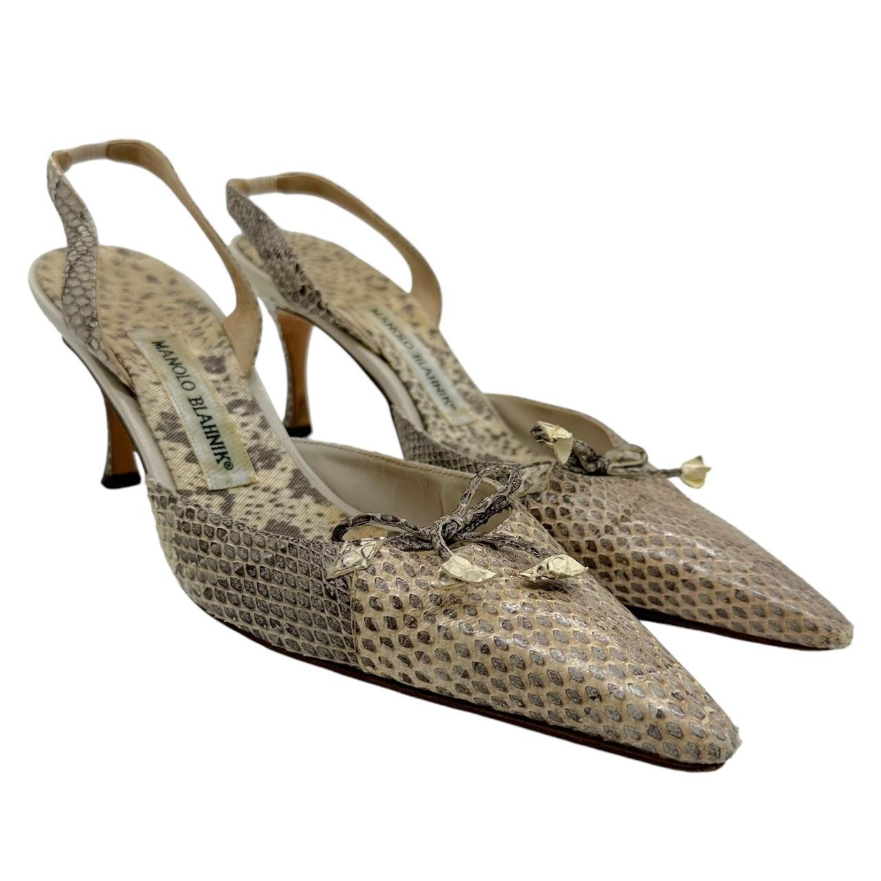 Manolo Blahnik Tan & Gray Snakeskin Slingback Heels - Outfit Repeater