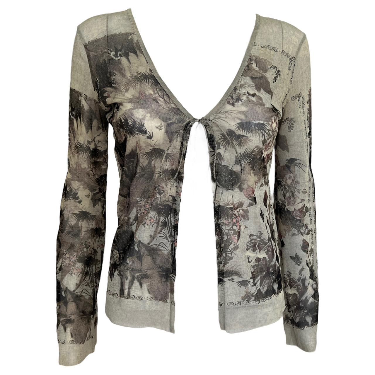 Jean Paul Gaultier Tie Front Printed Semi-Sheer Mesh Top