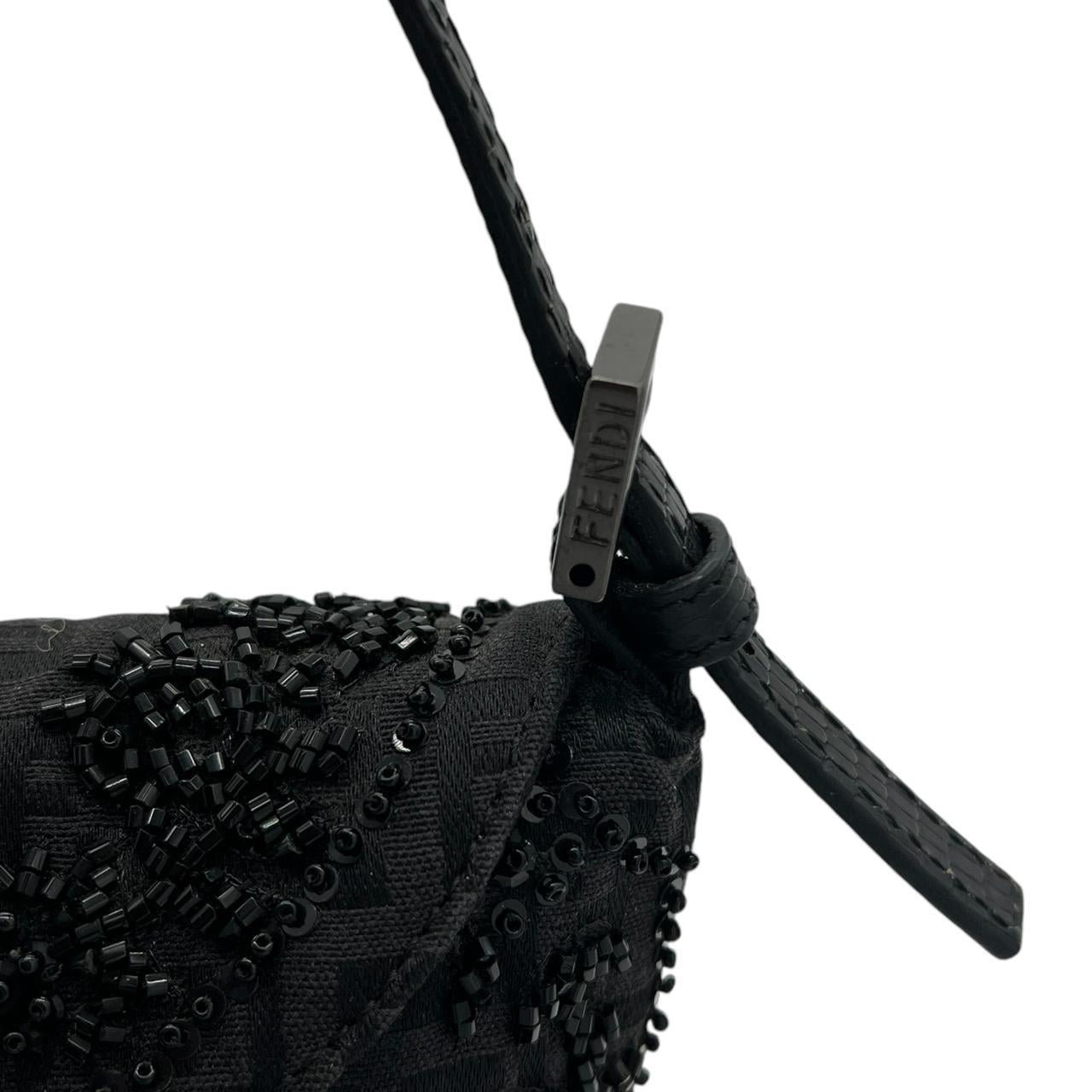 Fendi Black Zucca Beaded Baguette Shoulder Bag