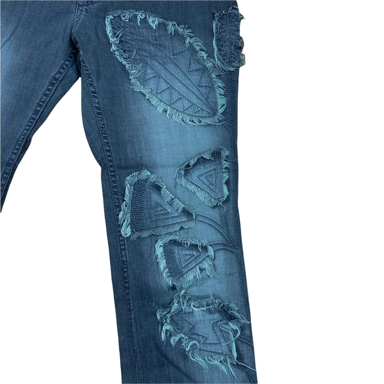 Issey Miyake HaaT Embroidered Leaf Patch Distressed Low Rise Straight Leg Jeans