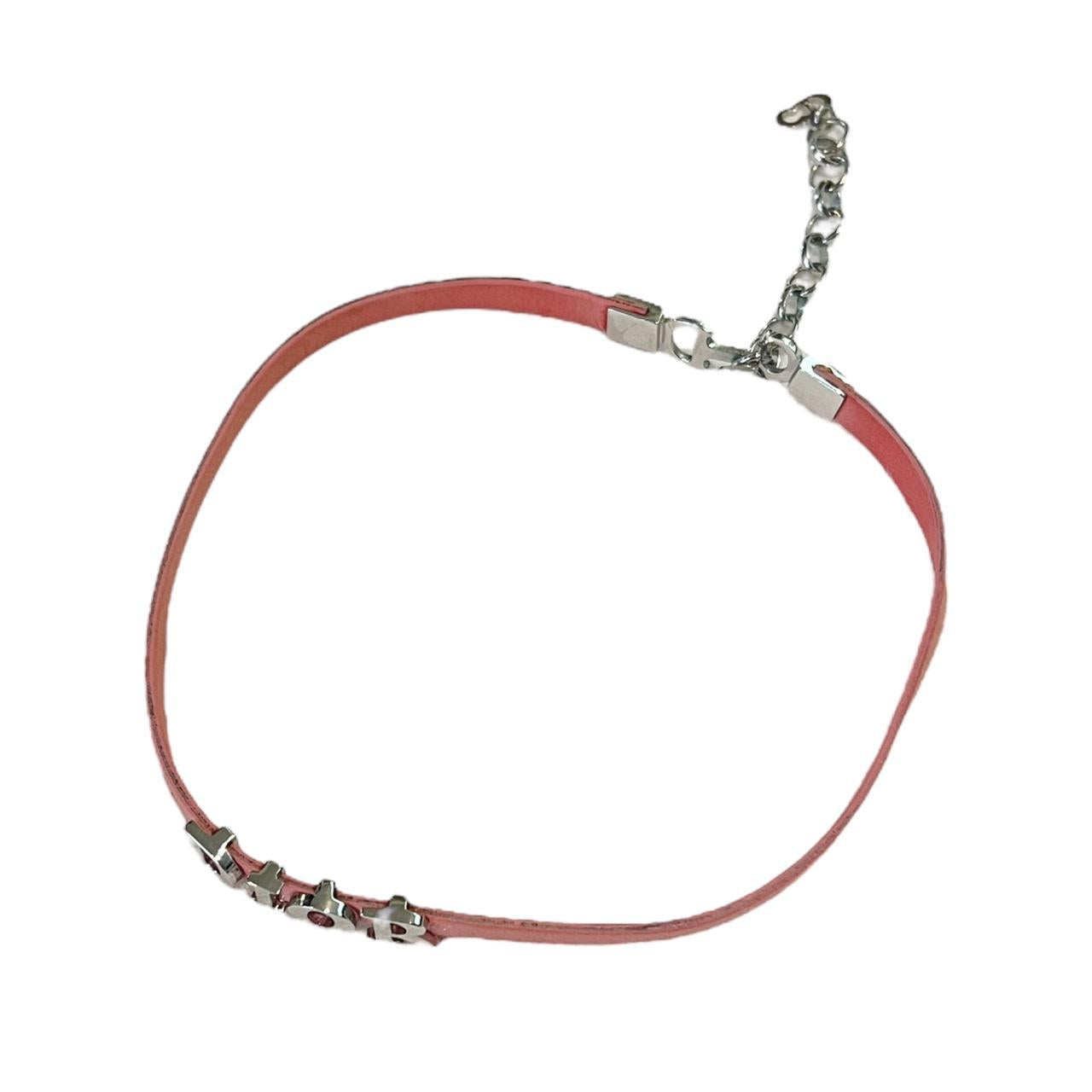 Christian Dior Choker Necklace Pink Leather Silver DIOR