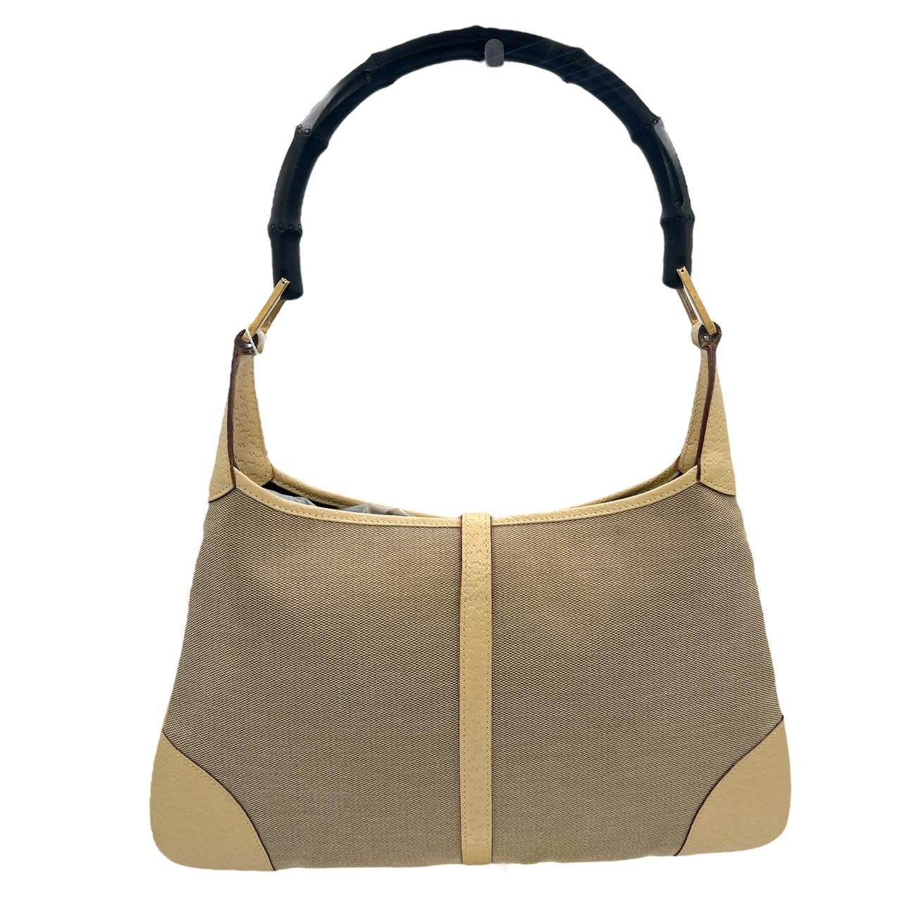 Gucci Jackie Shoulder Bag Tan Canvas Bamboo Handle
