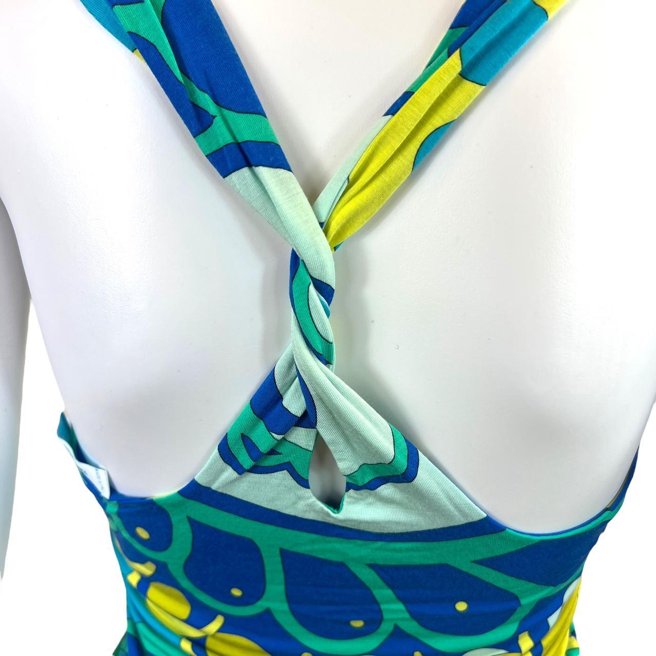 Emilio Pucci Firenze Blue and Green Patterned Twist Back Deep V-Neck Tank - Outfit Repeater