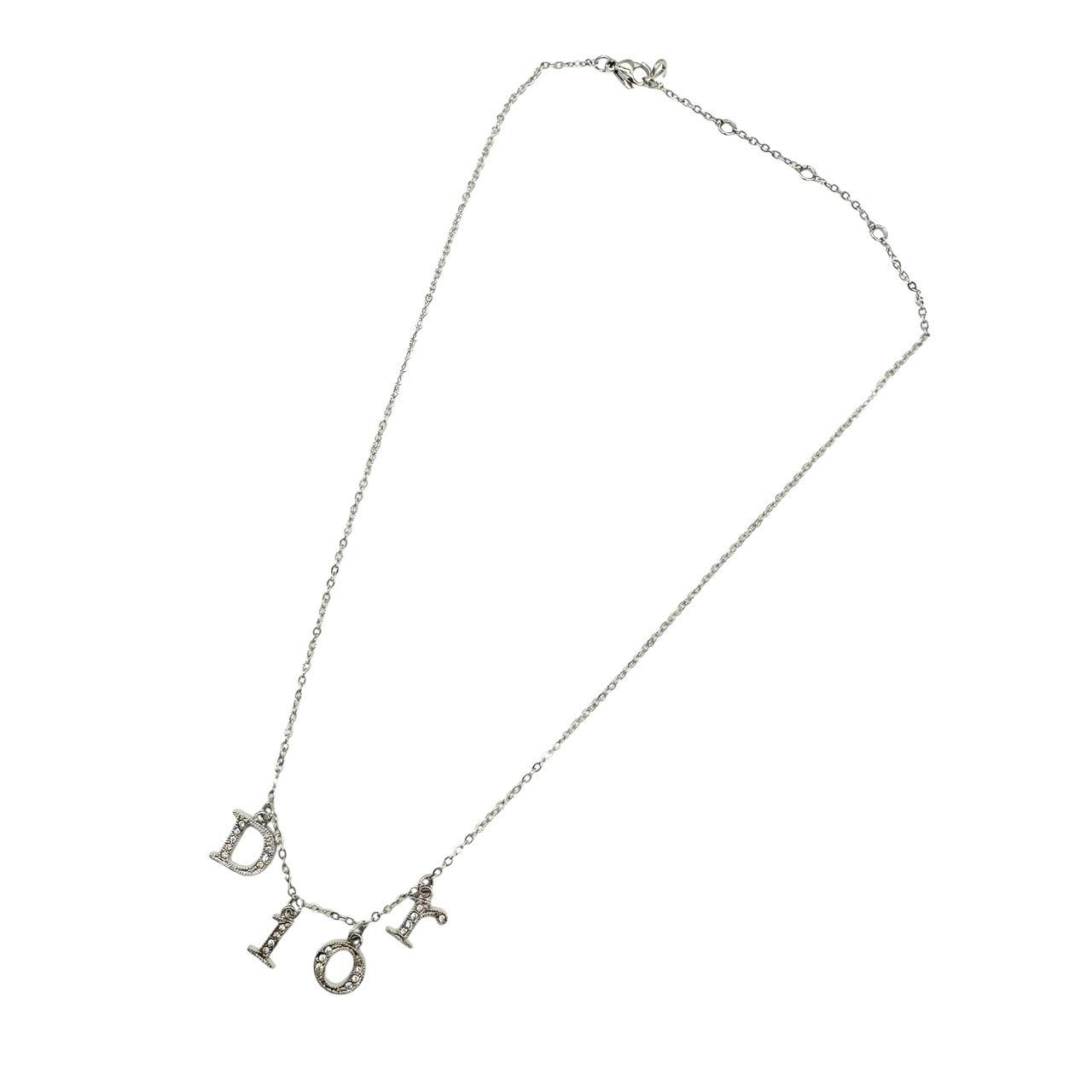 Christian Dior Silver Crystal Logo Charm Necklace