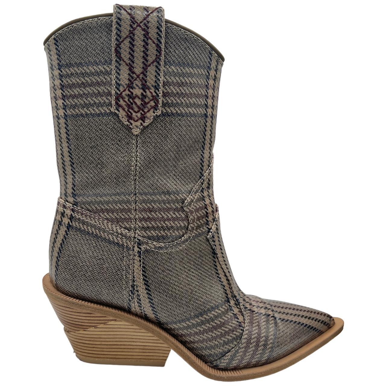 Fendi Cowboy Boots Gray Plaid Print Pointed Toe Wedge 37